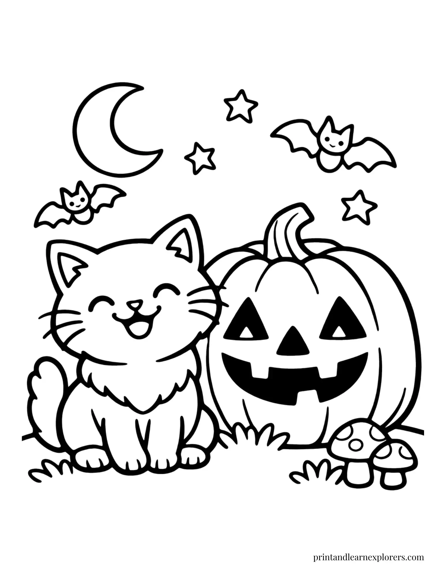 cat beside jack o lantern coloring page