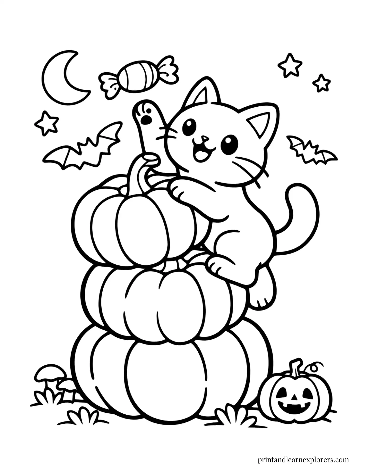 cat climbing pumpkin stack for candy coloring page