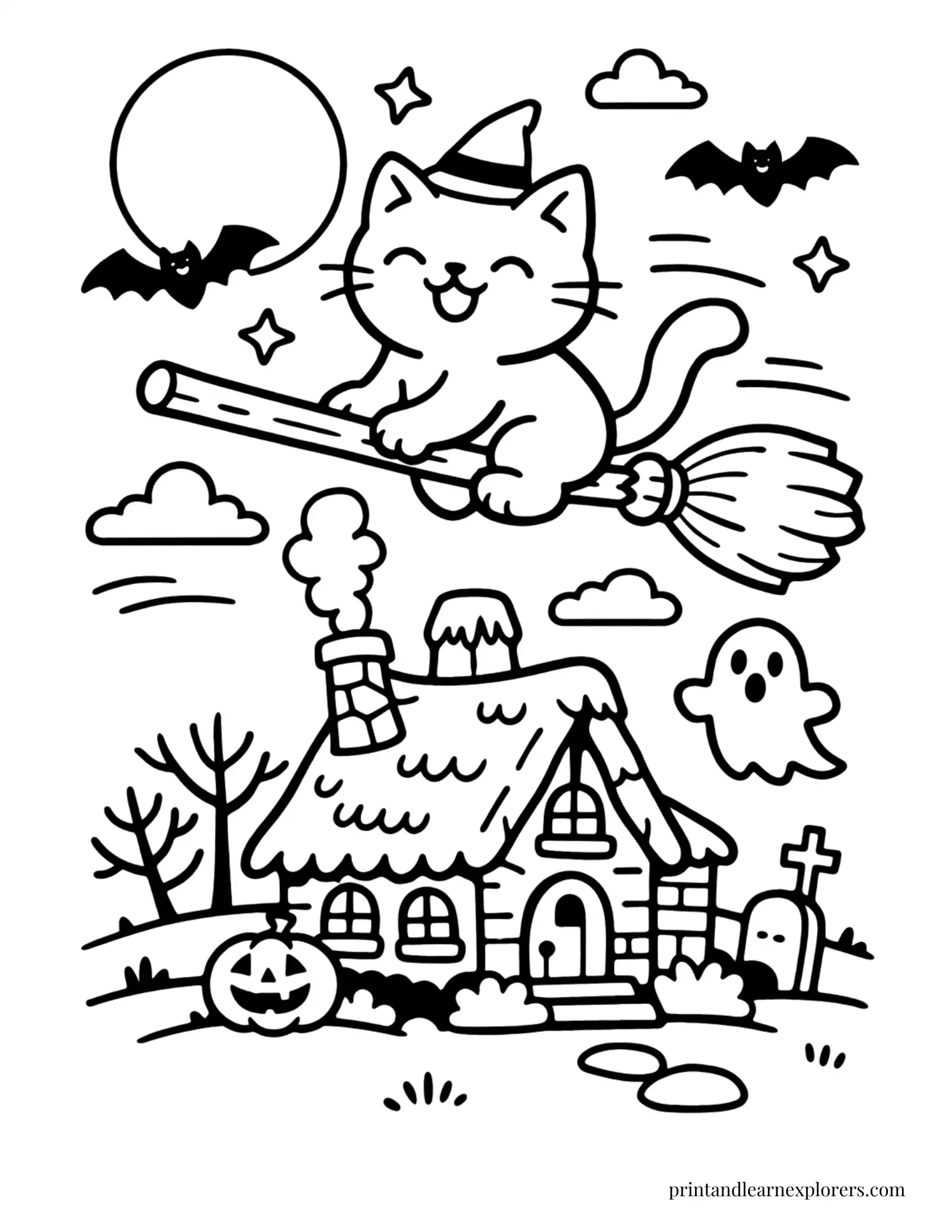 cat flying over haunted cottage coloring page