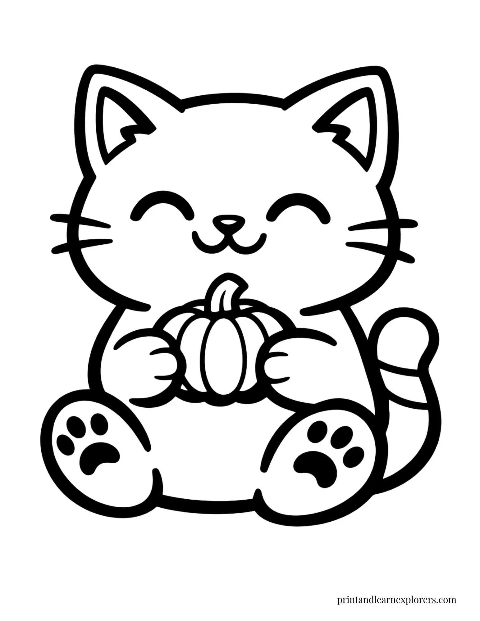cat holding tiny pumpkin preschool coloring page