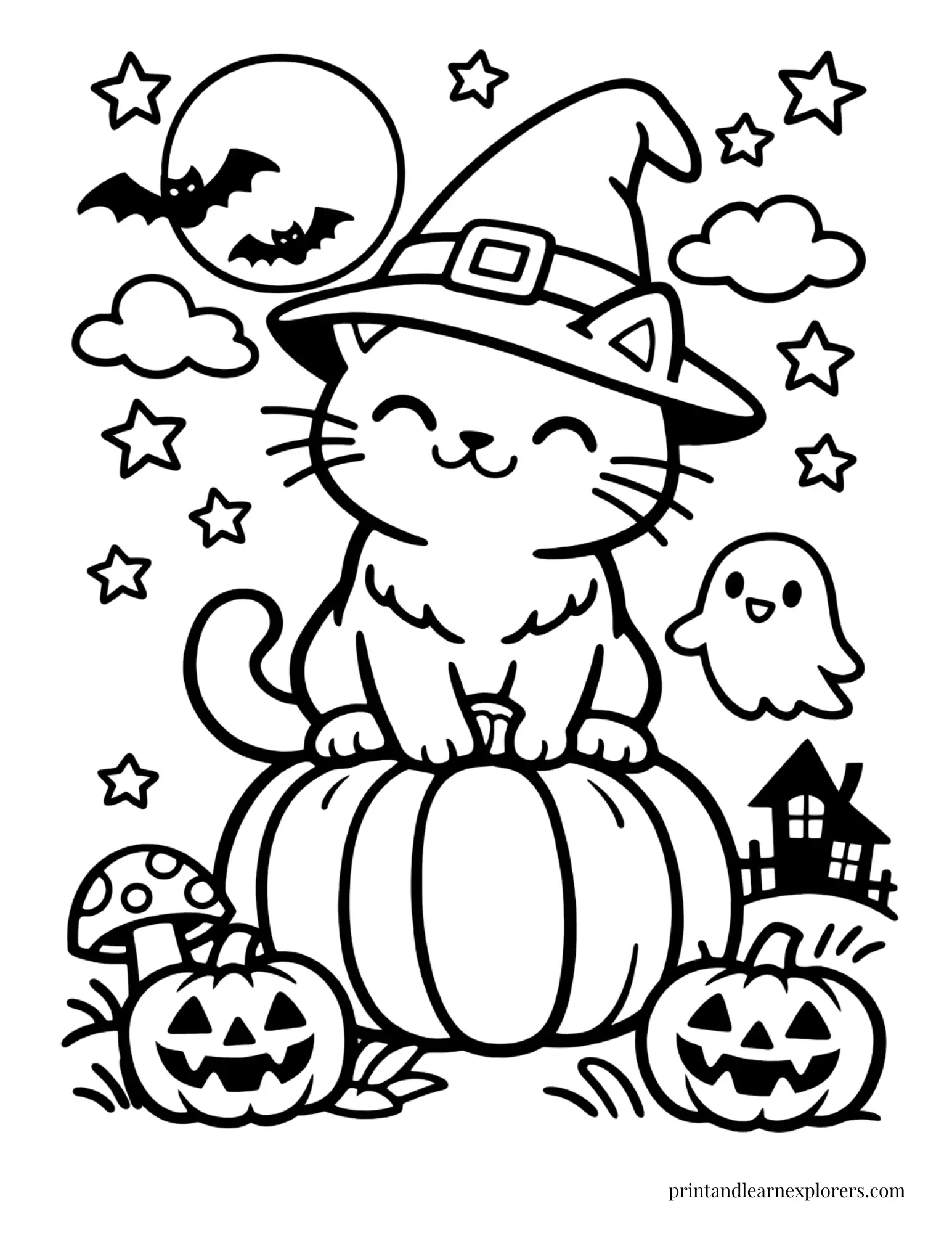 cat in witch hat on pumpkin coloring page
