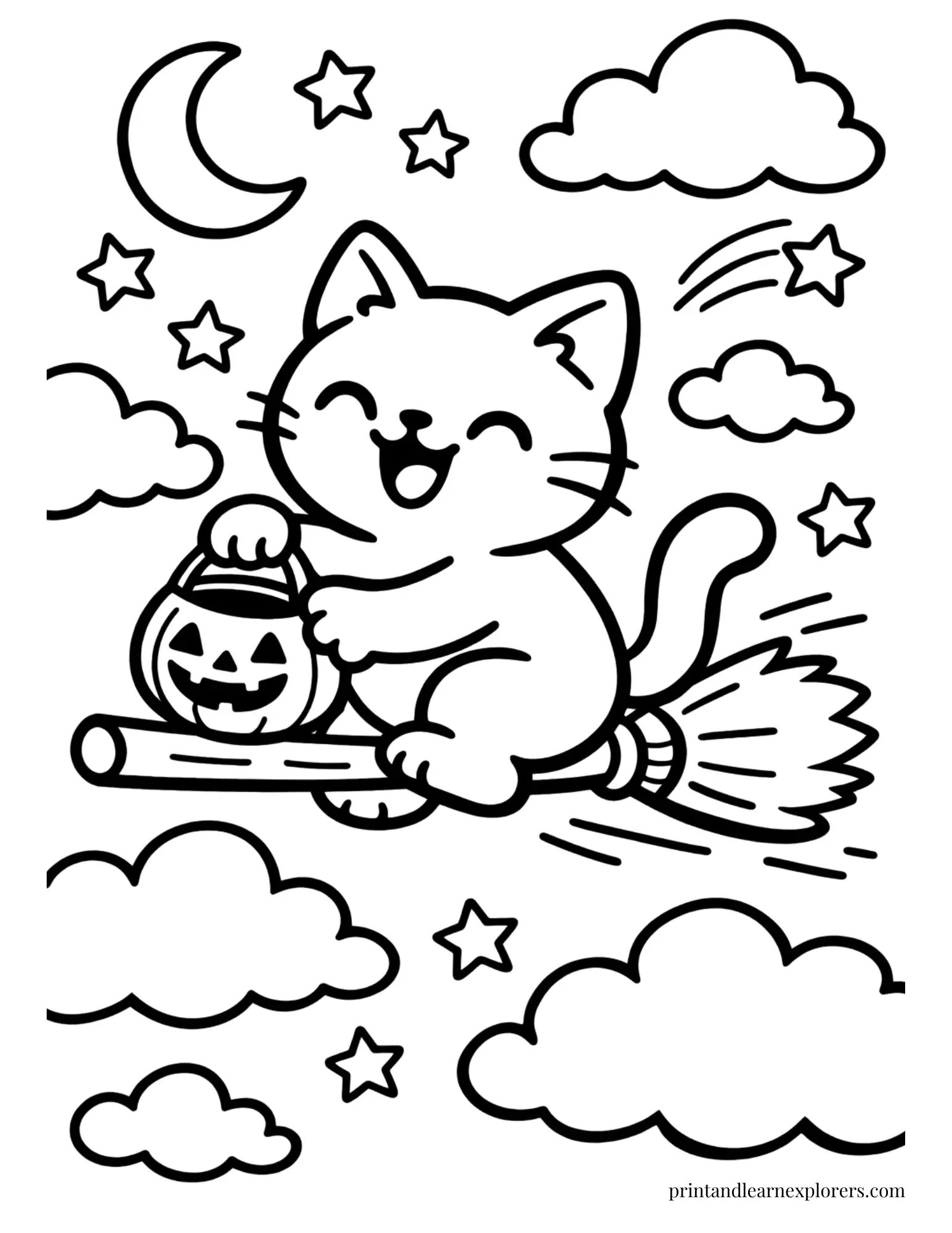 cat on broomstick with pumpkin bucket coloring page