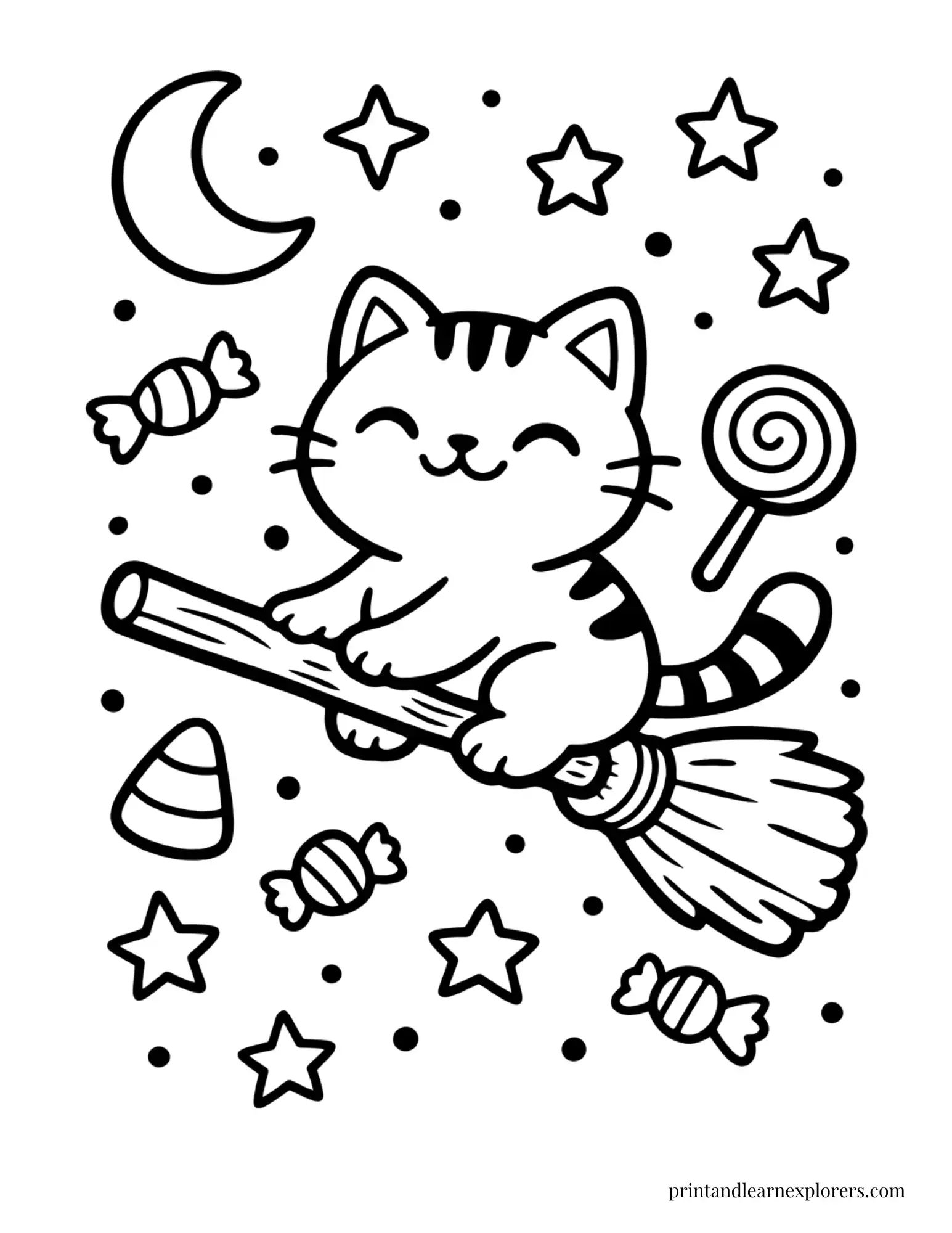 cat on broomstick with stars and candy coloring page