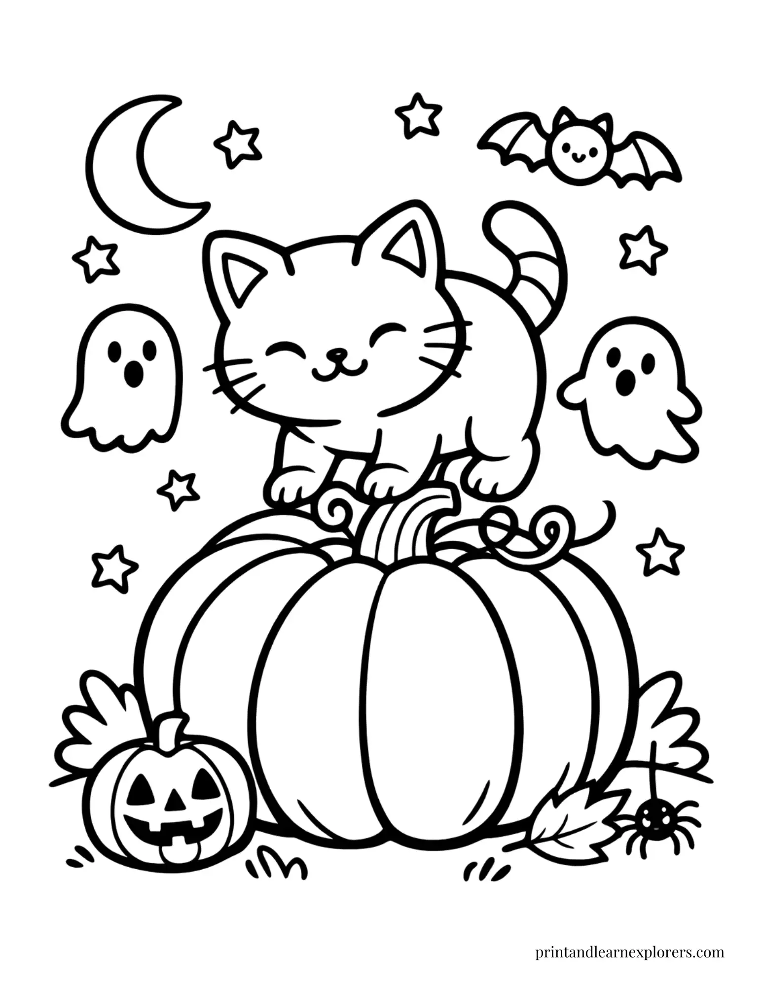 cat on giant pumpkin coloring page