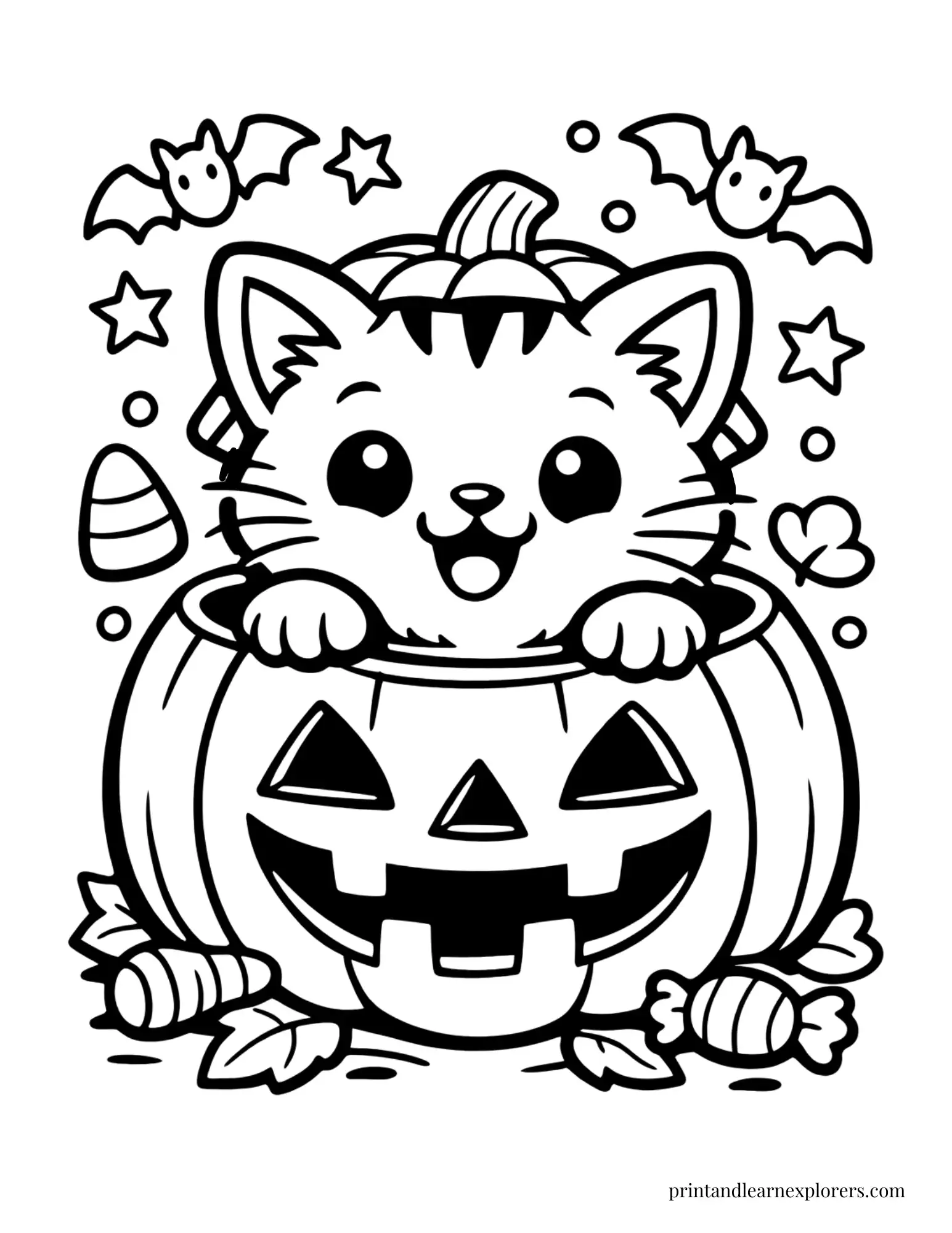 cat peeking out of pumpkin coloring page