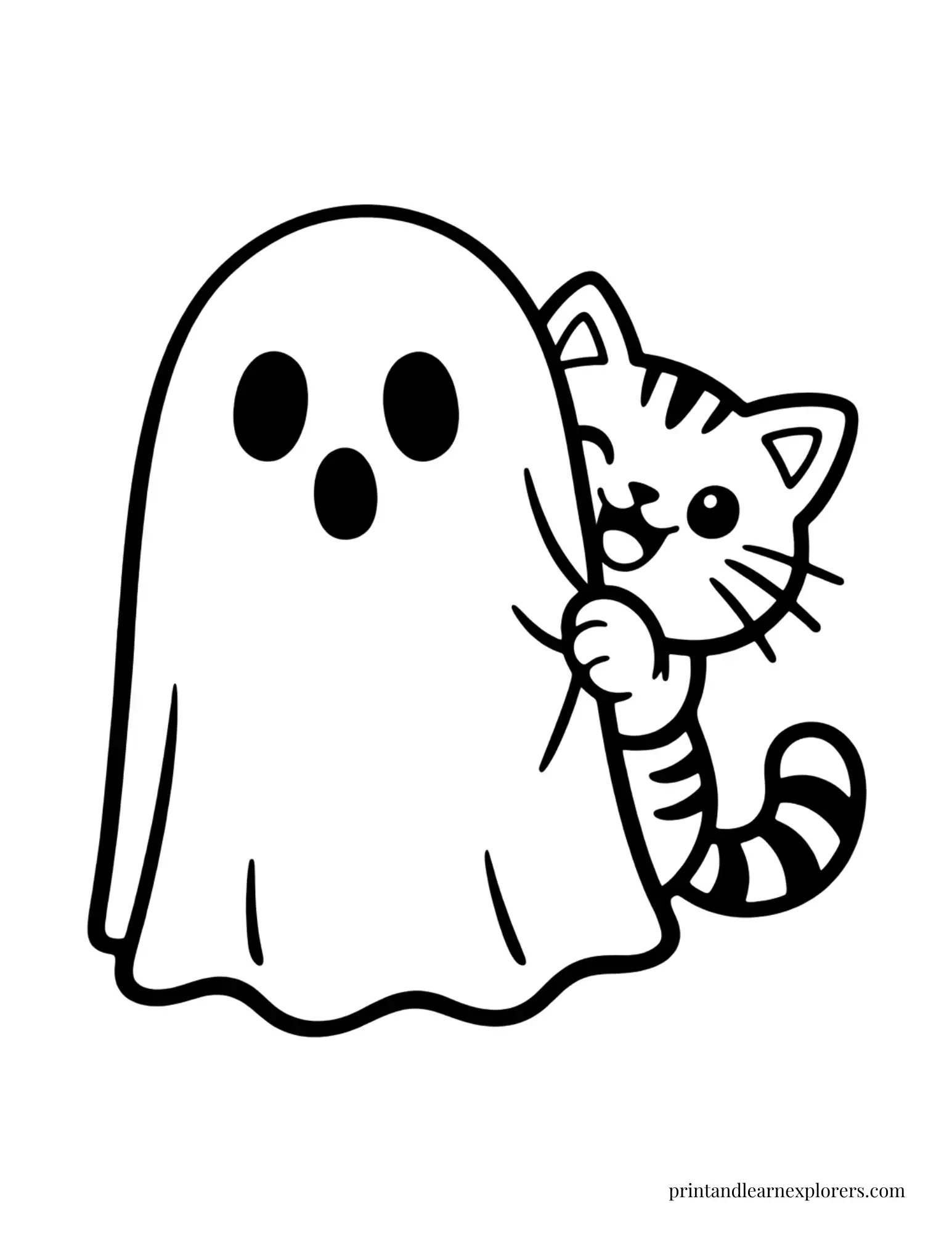 cat playing with ghost preschool coloring page