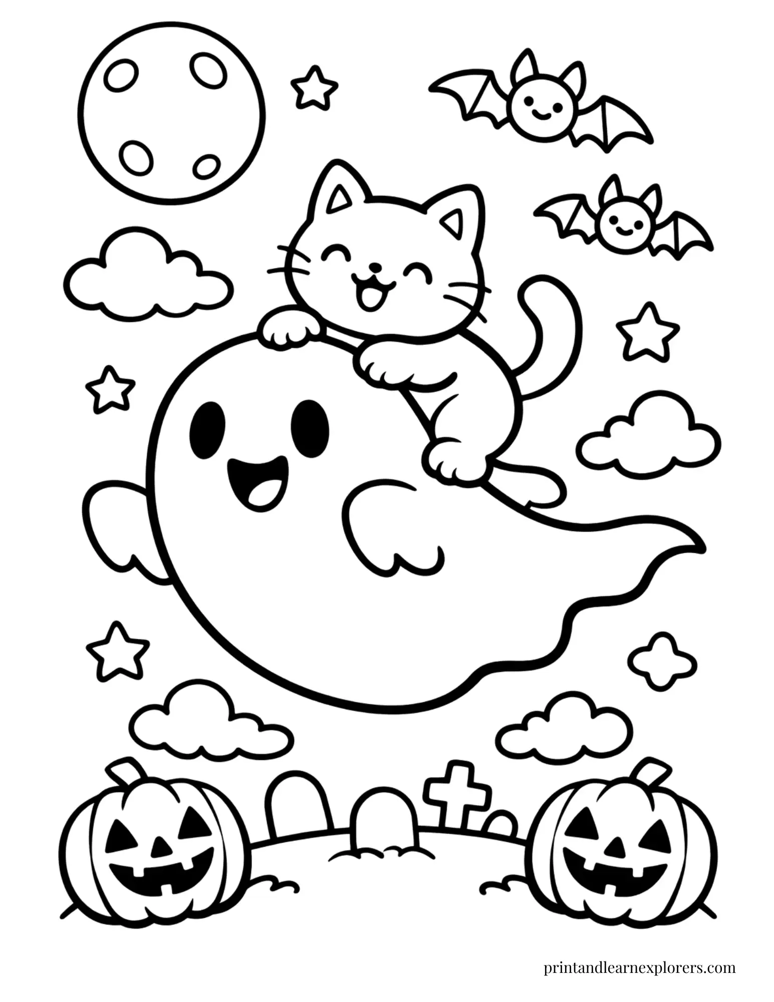cat riding friendly ghost coloring page