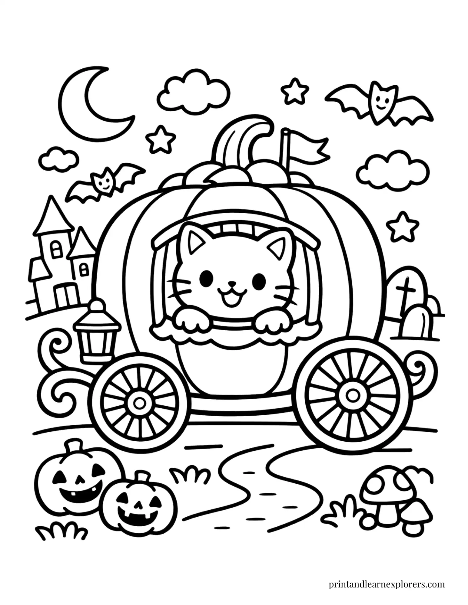 cat riding pumpkin carriage coloring page
