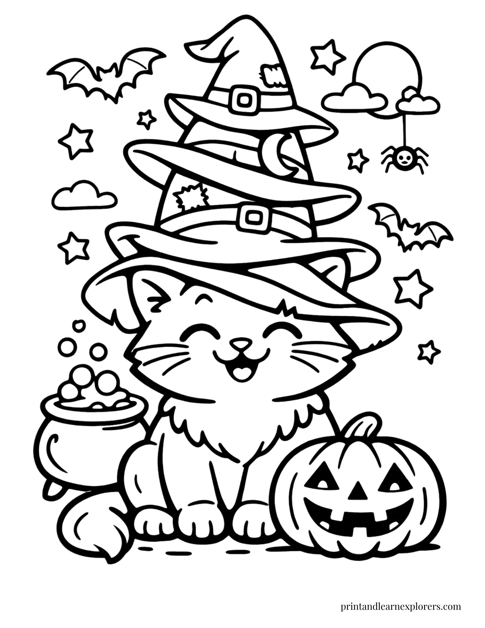 cat trying on many witch hats coloring page