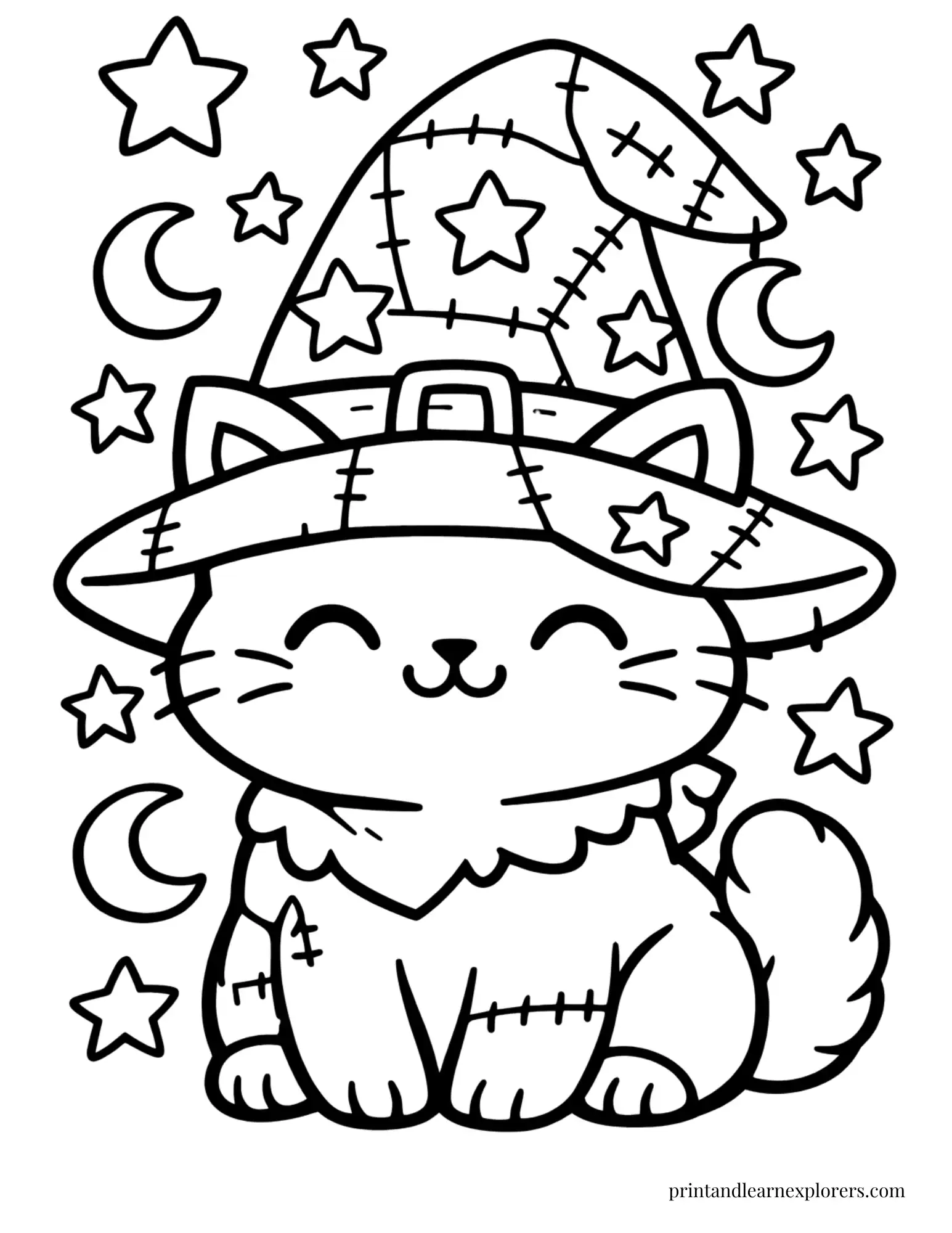 cat with patchwork witch hat coloring page