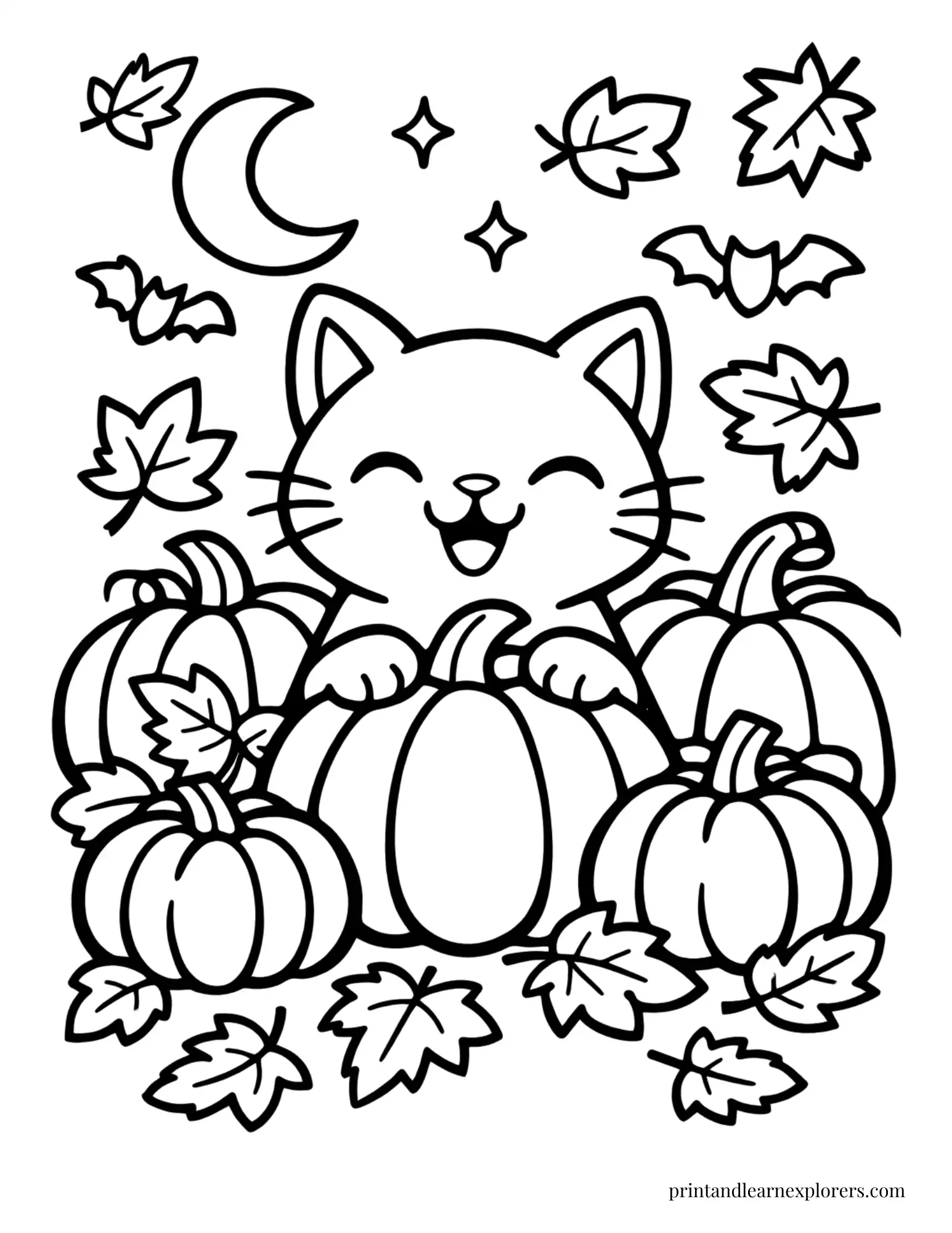 cat with pumpkins and autumn leaves coloring page