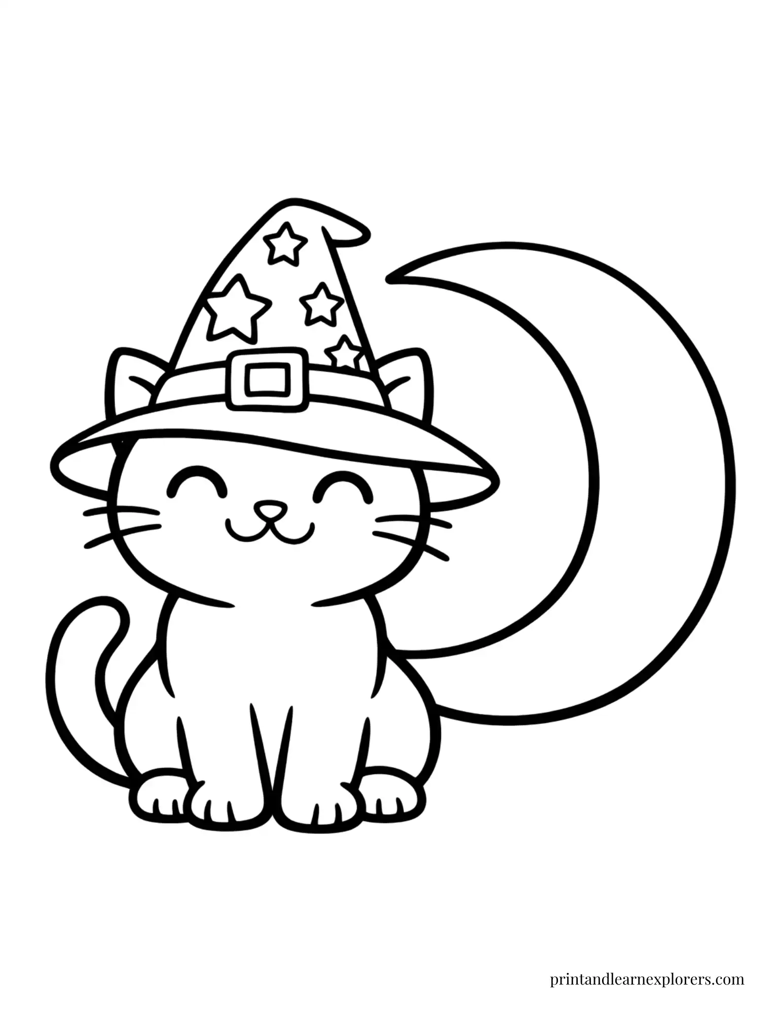 cat with starry witch hat and moon preschool coloring page