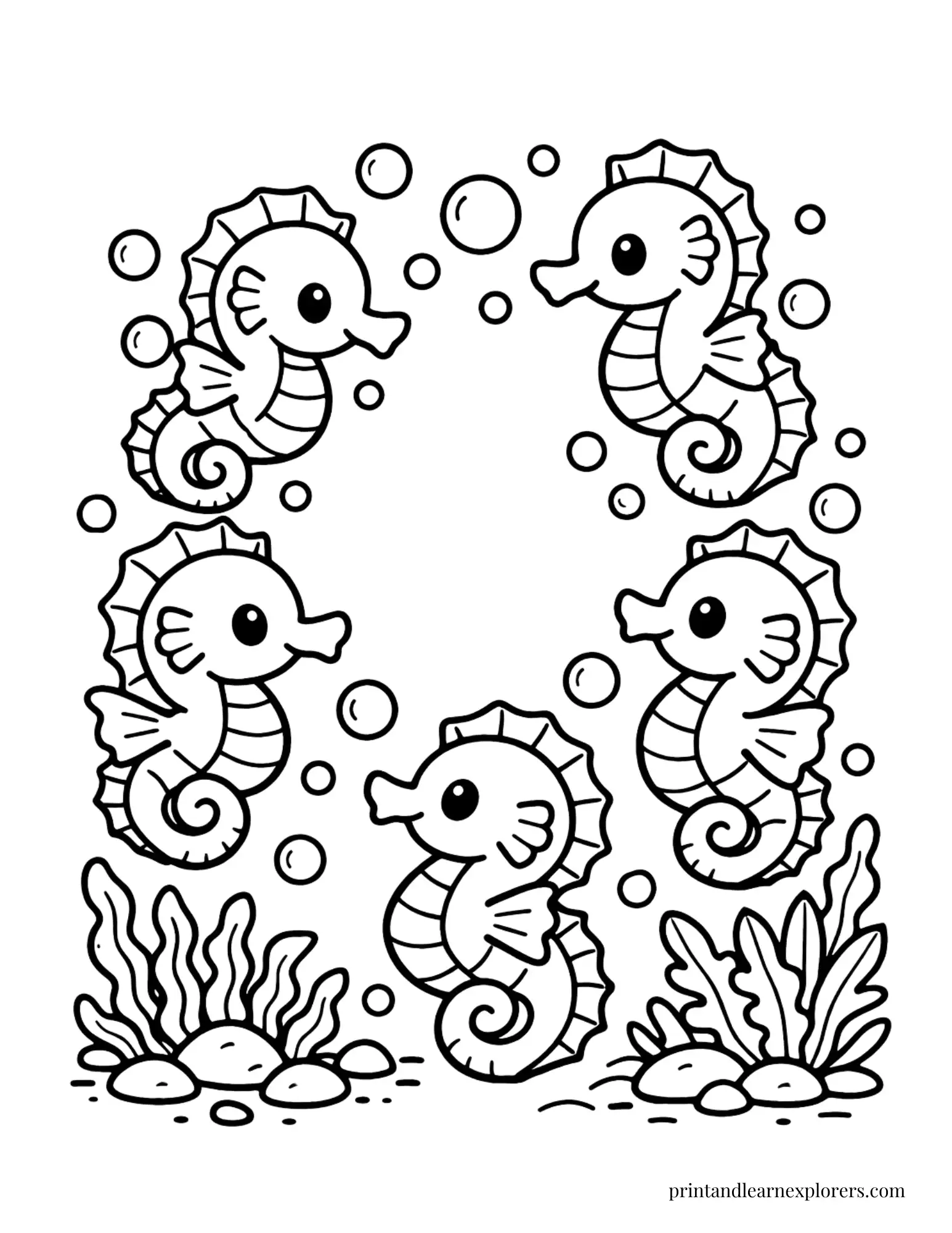 cute baby seahorses in a circle coloring page
