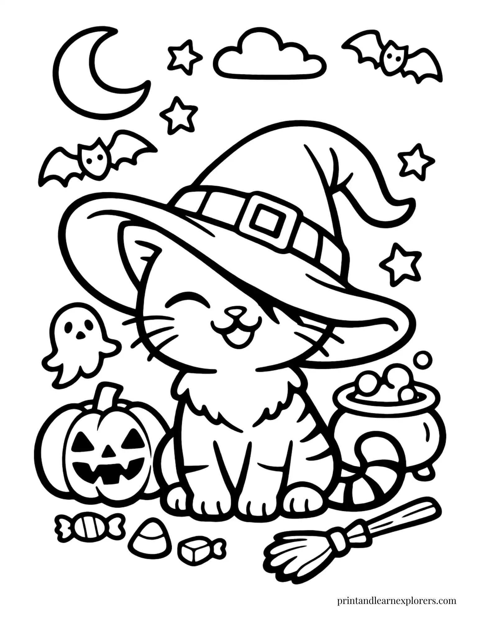 cute cat with witch hat over one eye coloring page