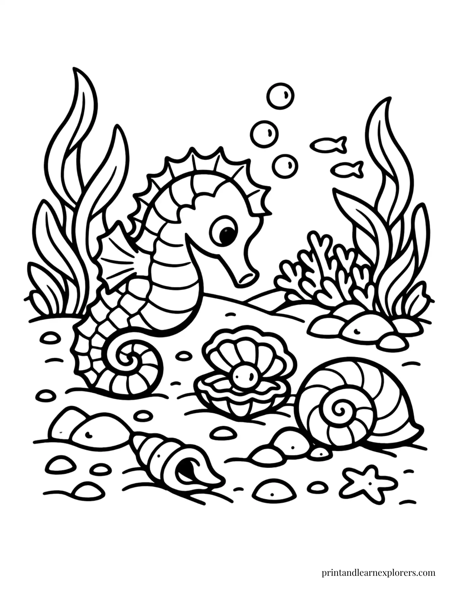 easy seahorse exploring shells coloring page