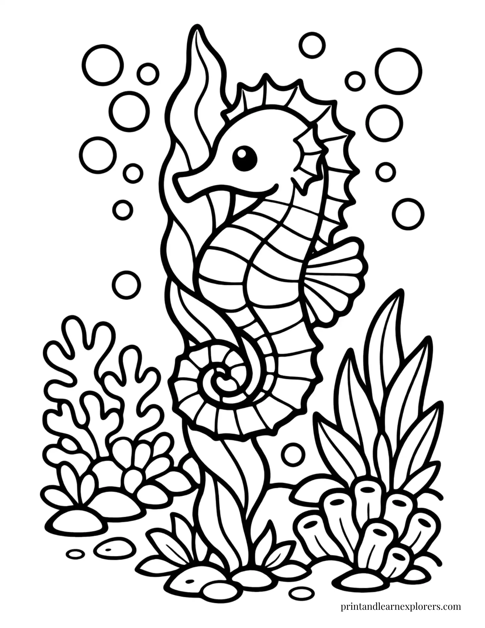 easy seahorse in seaweed coloring page