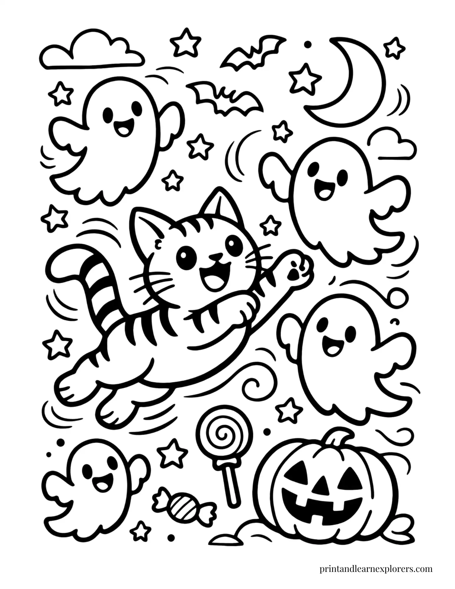 halloween cat chasing friendly ghosts coloring page