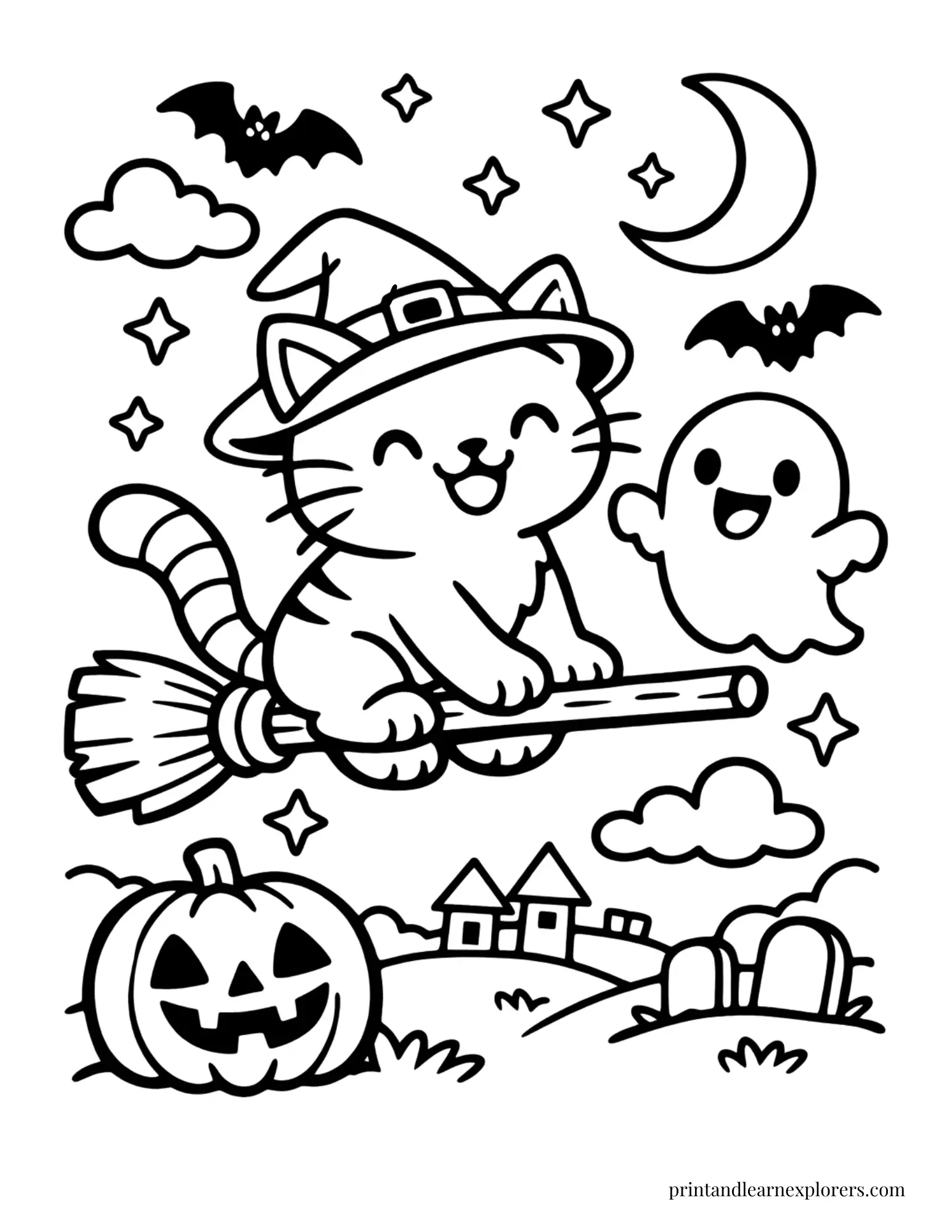 halloween cat on broomstick with friendly ghost coloring page