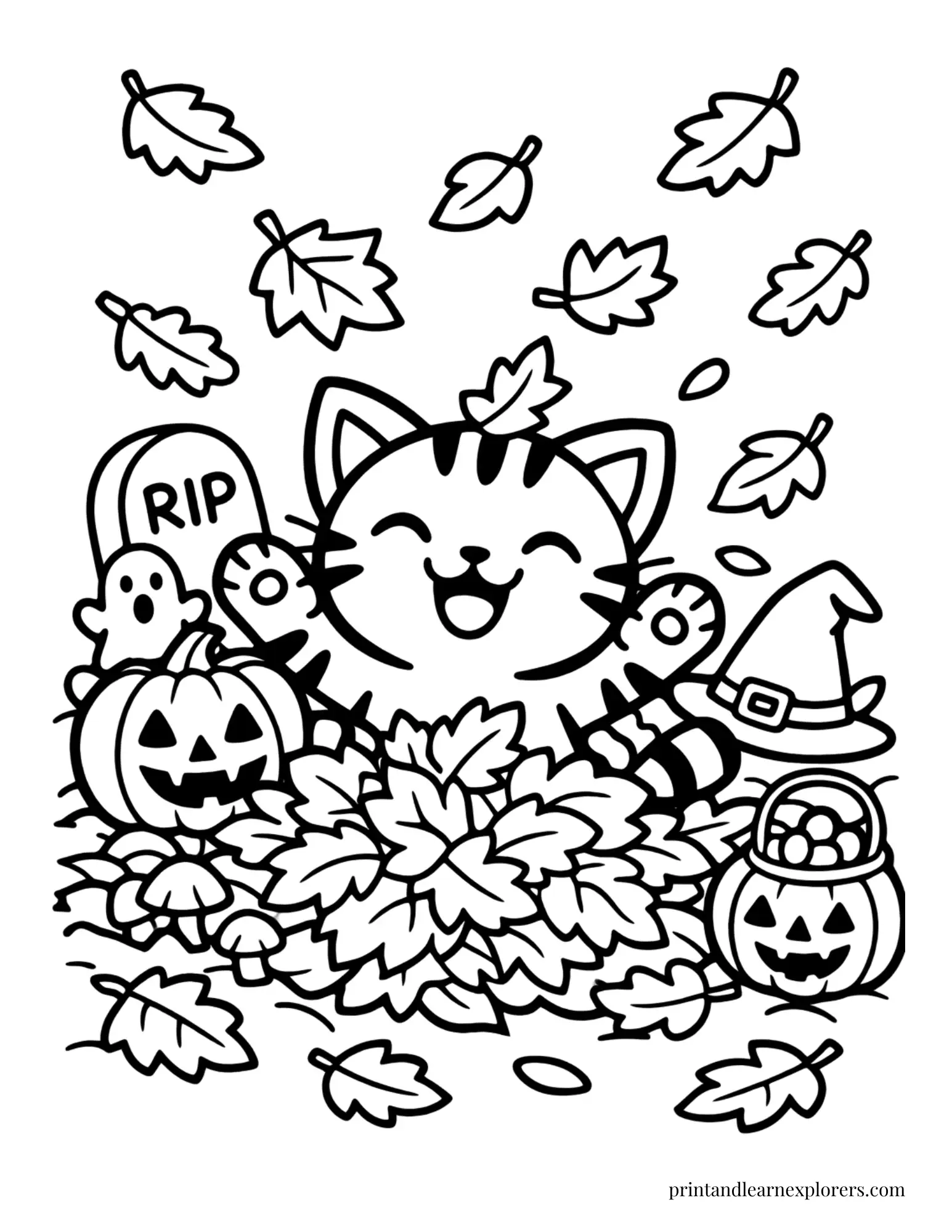 halloween cat playing in autumn leaves coloring page