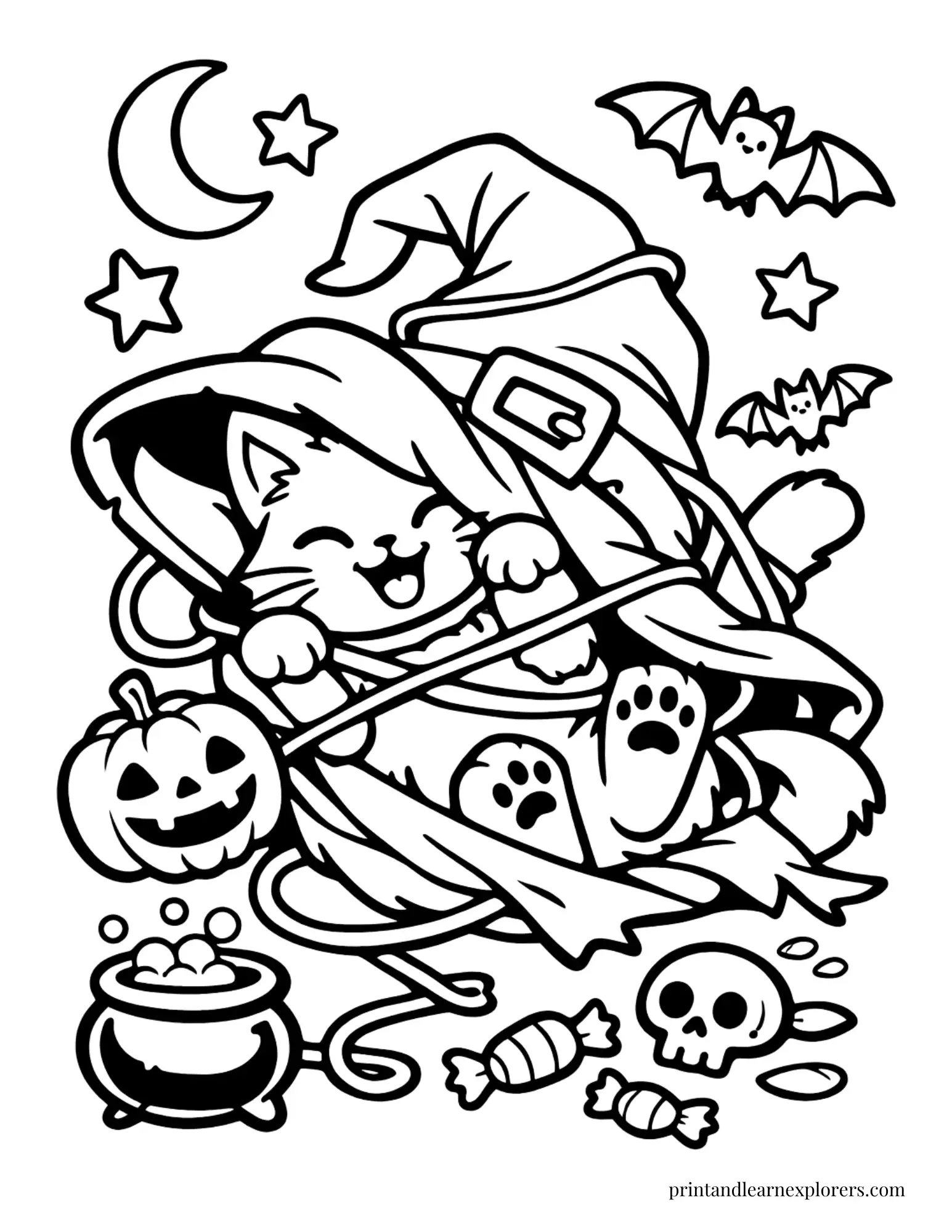 halloween cat tangled in witch hat coloring page