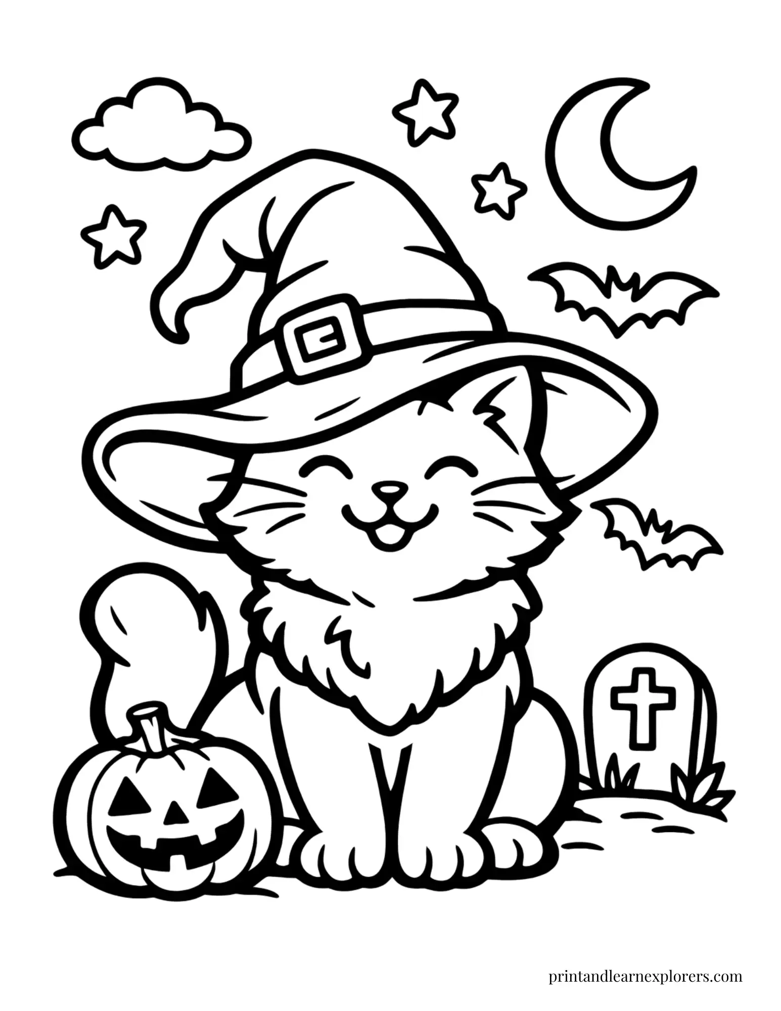 halloween cat wearing oversized witch hat coloring page