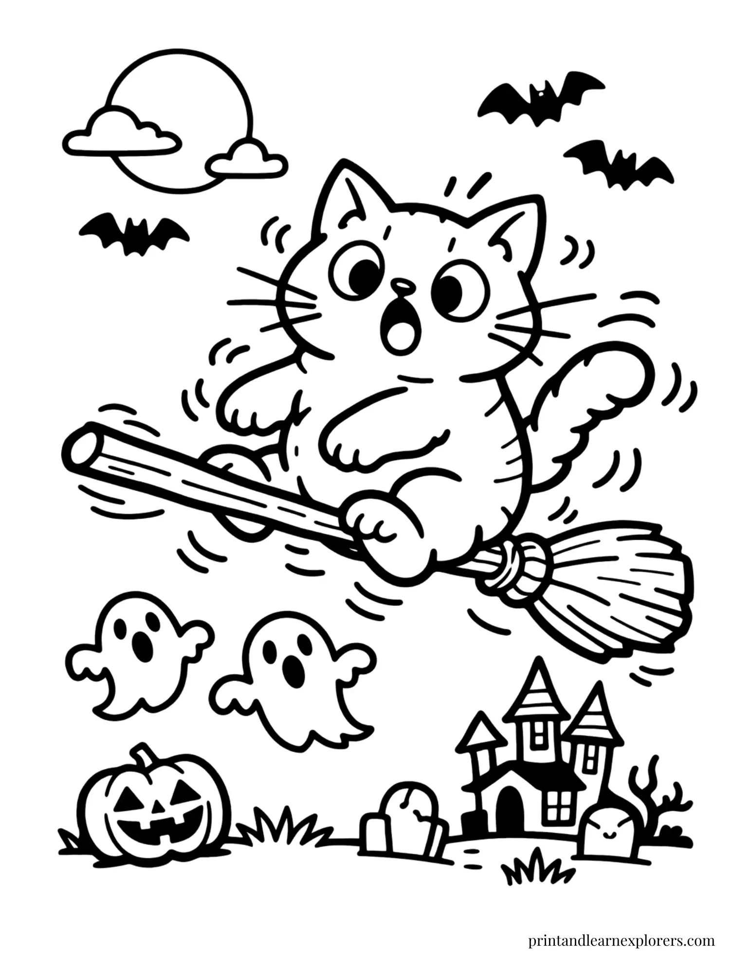 halloween cat wobbling on broomstick coloring page