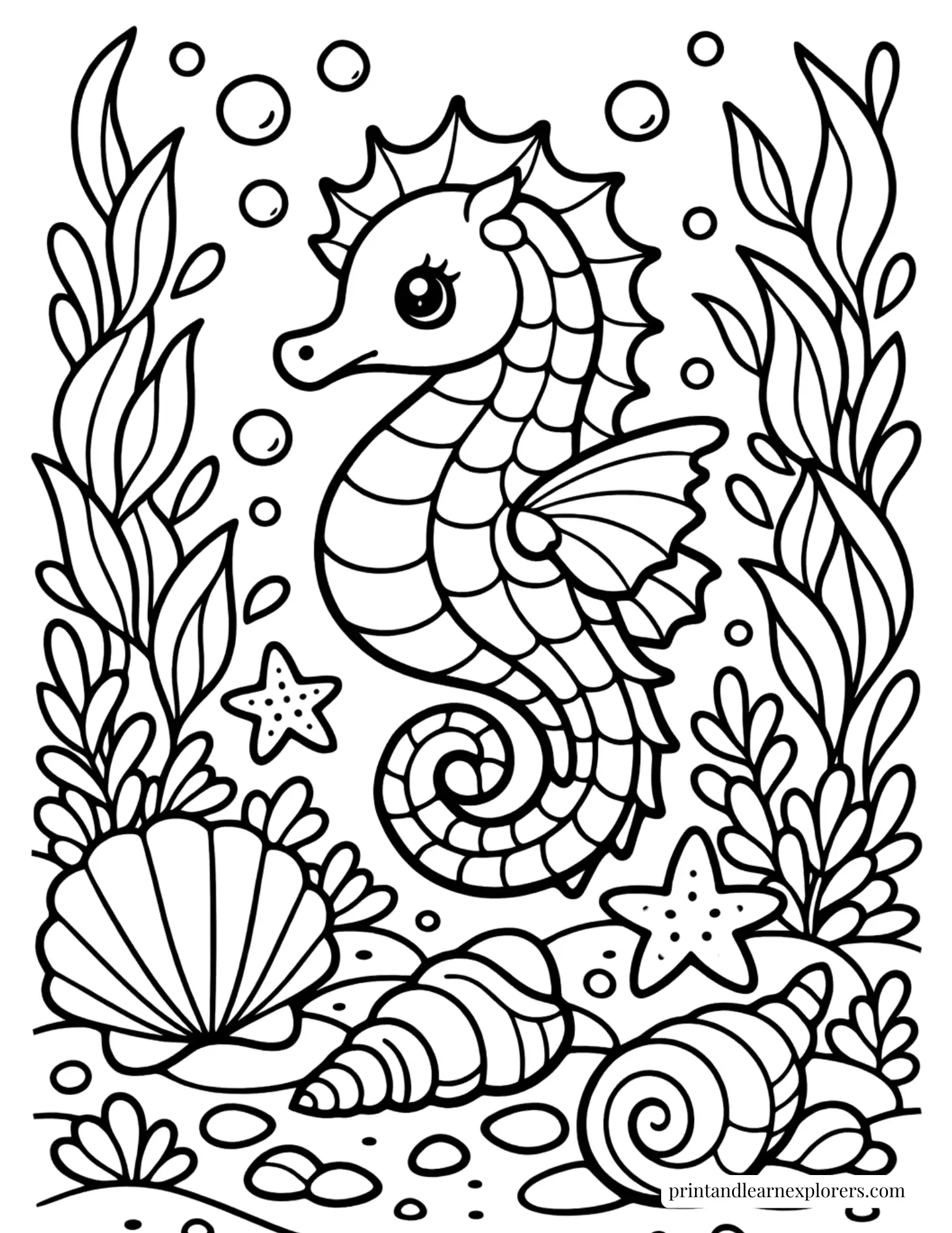 magical seahorse ocean plants coloring page