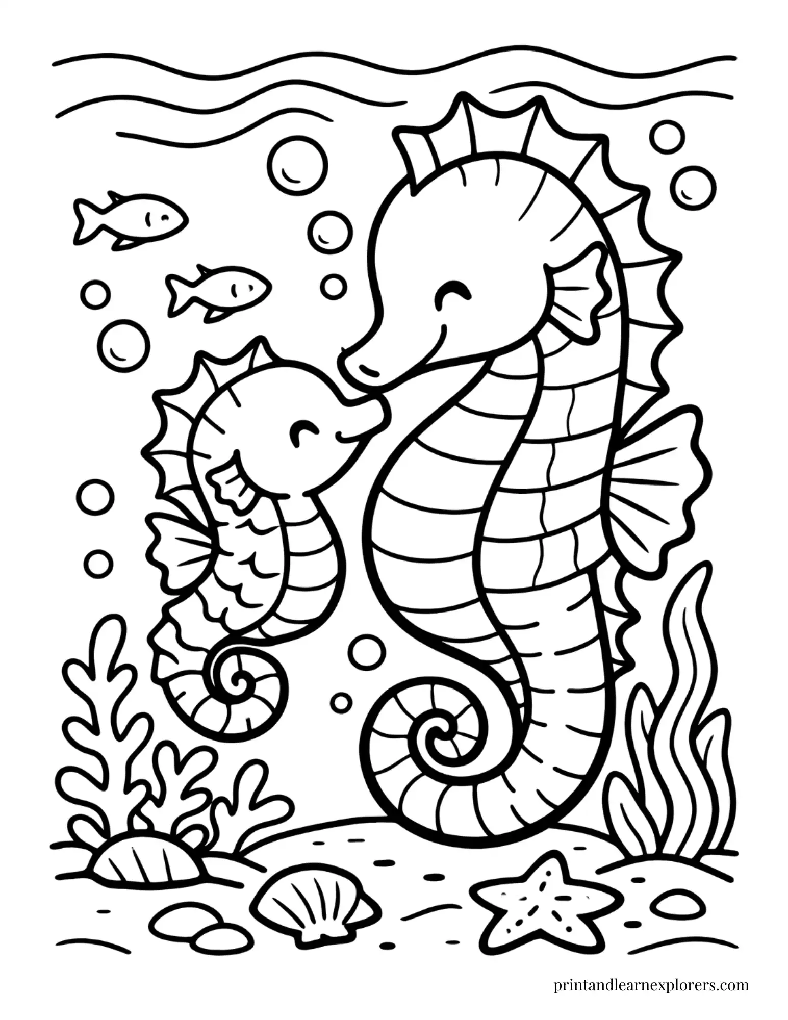 mother and child seahorses coloring page