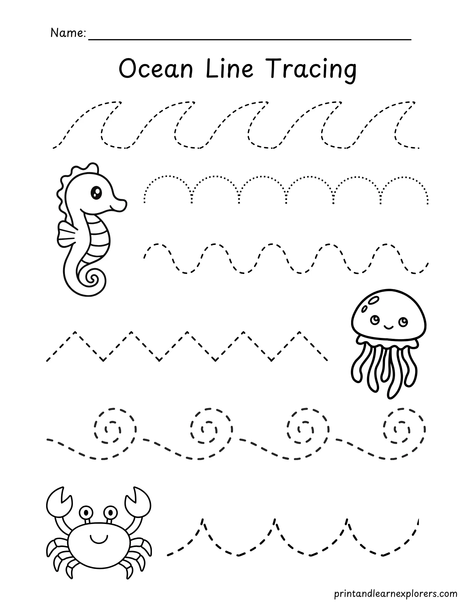 ocean creatures line tracing worksheet