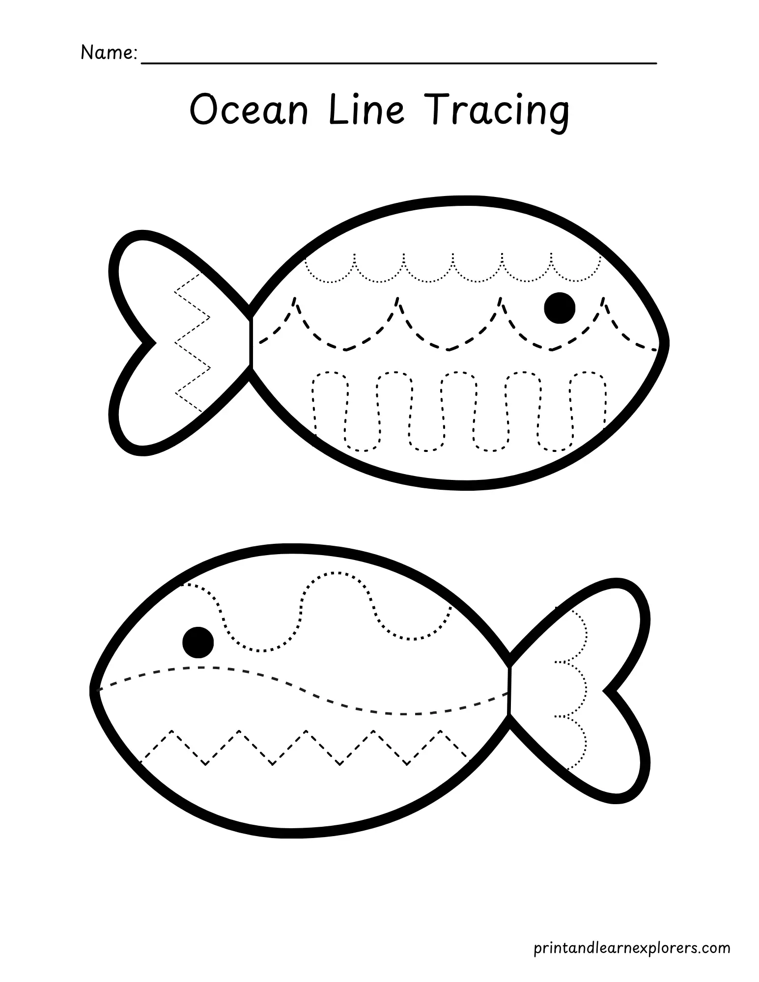 ocean fishes line tracing worksheet