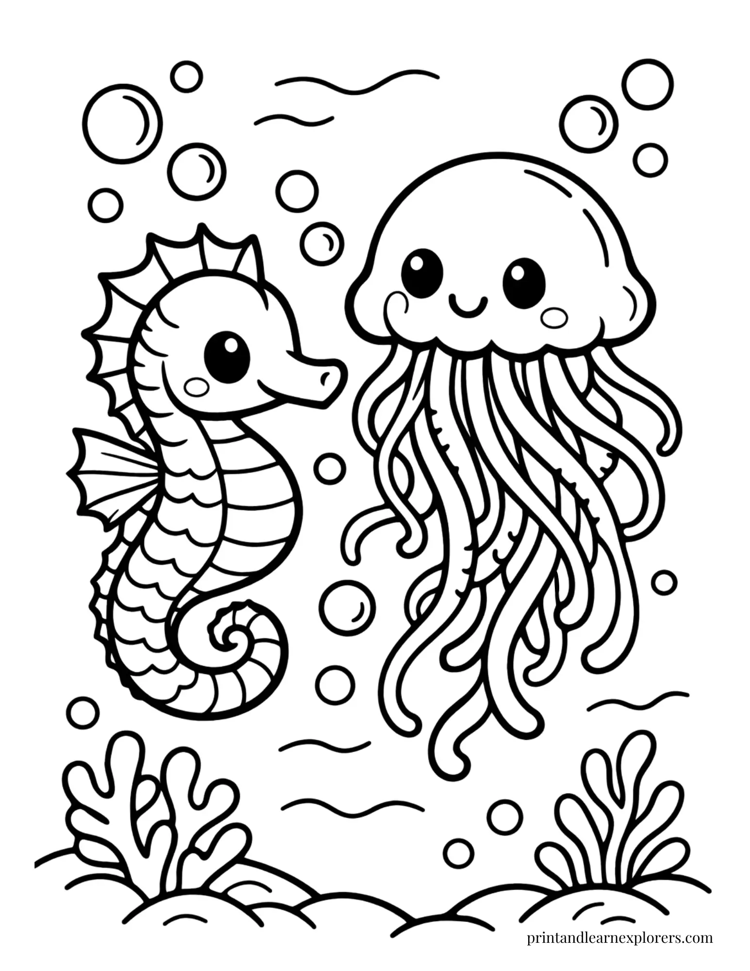 seahorse and jellyfish friend coloring page