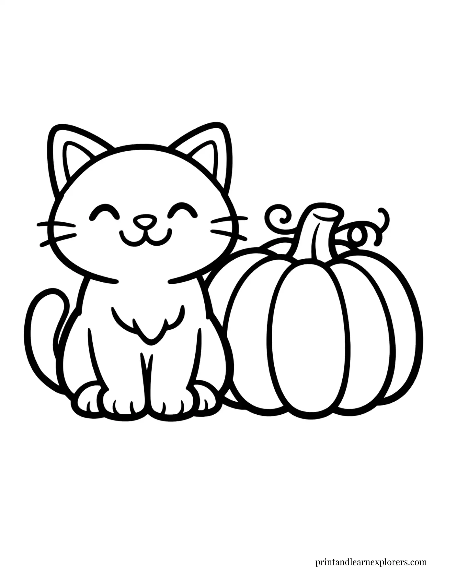 simple cat beside pumpkin preschool coloring page