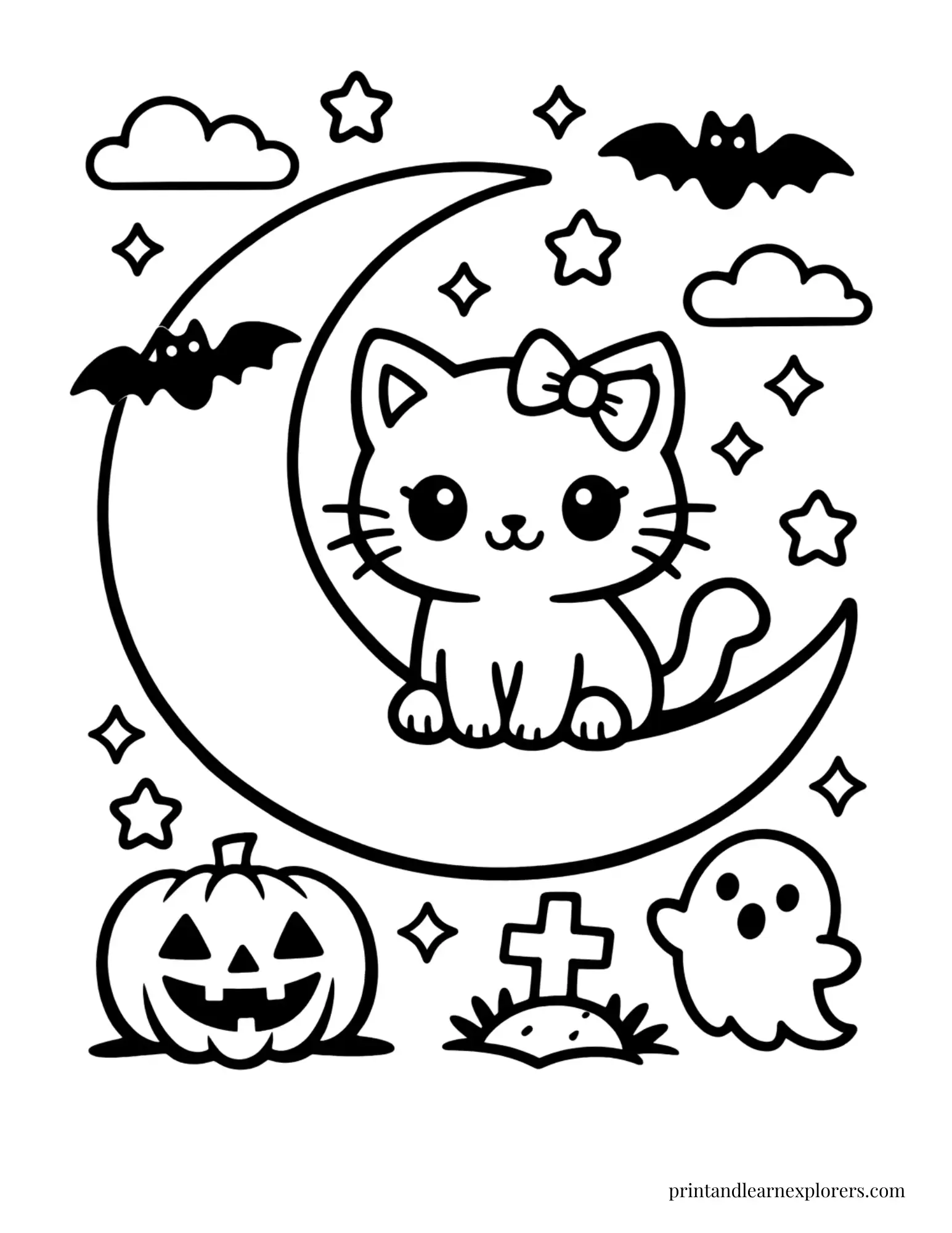 simple cat on crescent moon coloring page