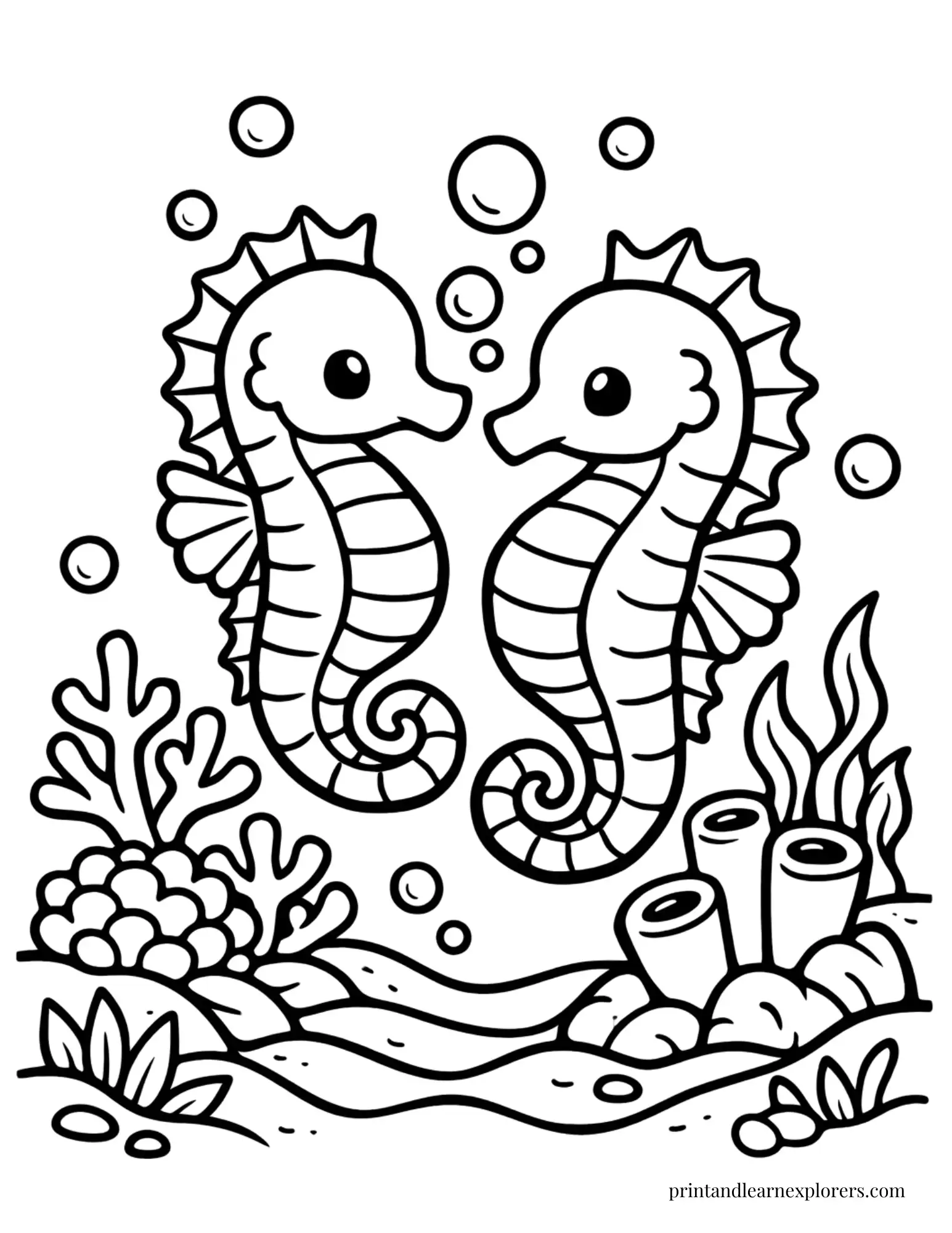 two seahorses coral reef coloring page