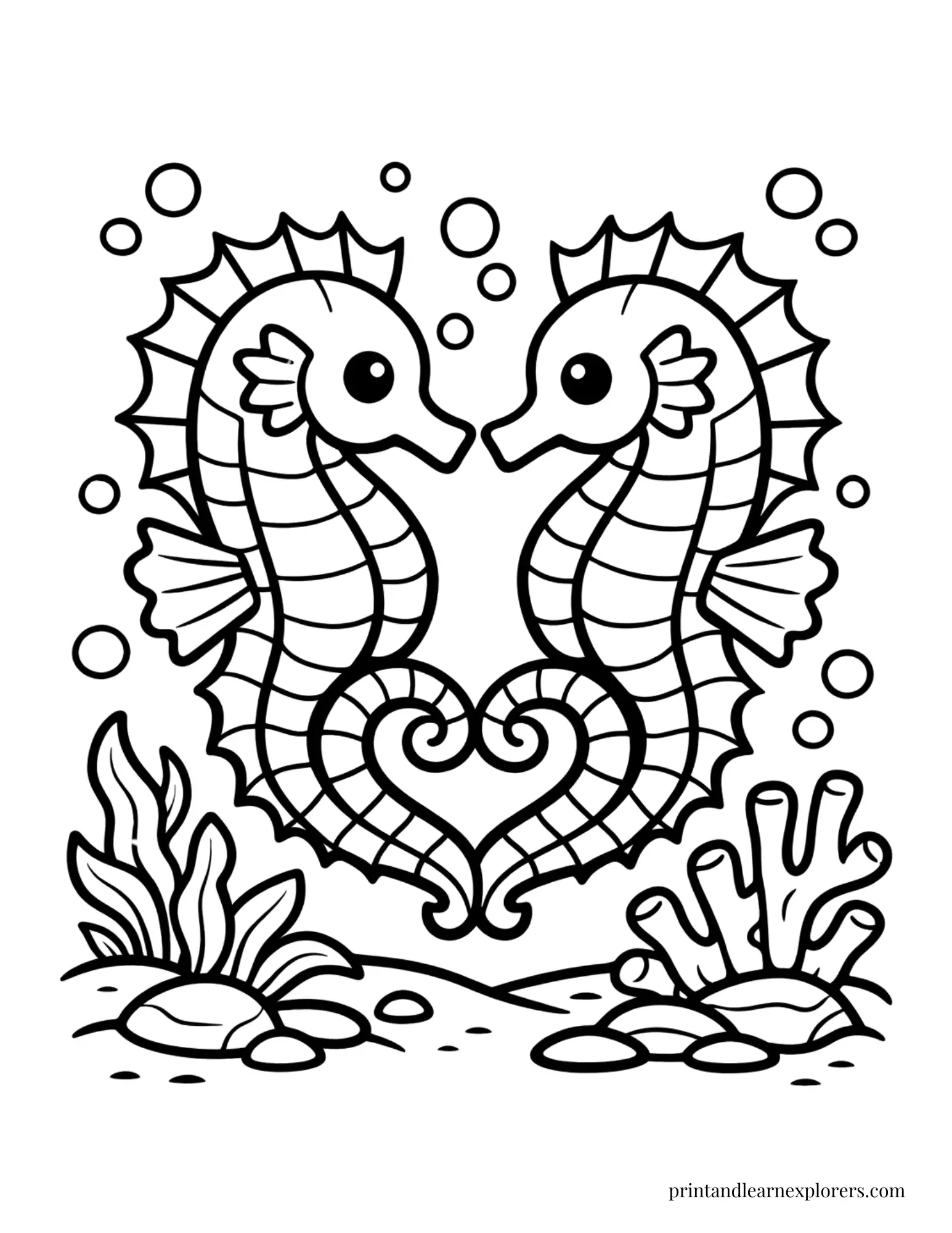 two seahorses making a heart coloring page