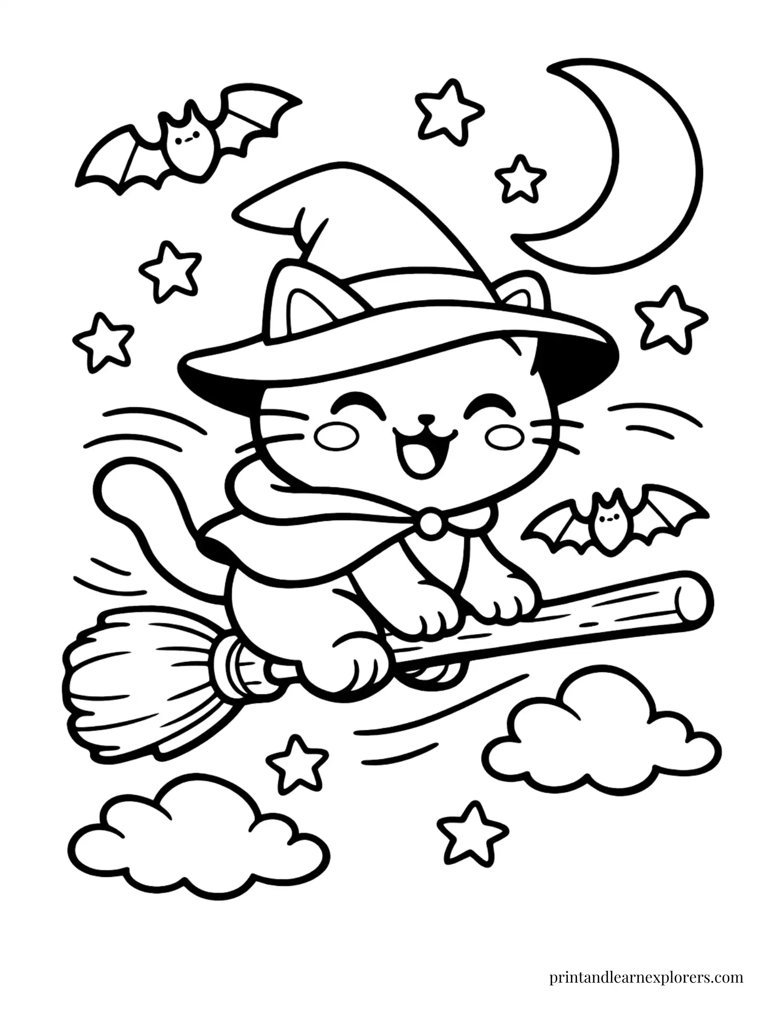 witch cat flying broomstick coloring page