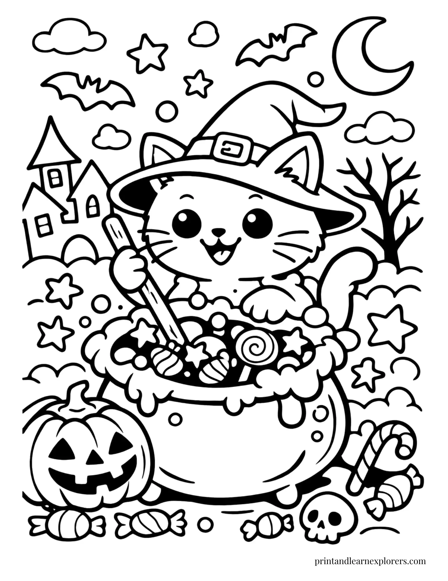witch cat mixing stars and candy in cauldron coloring page