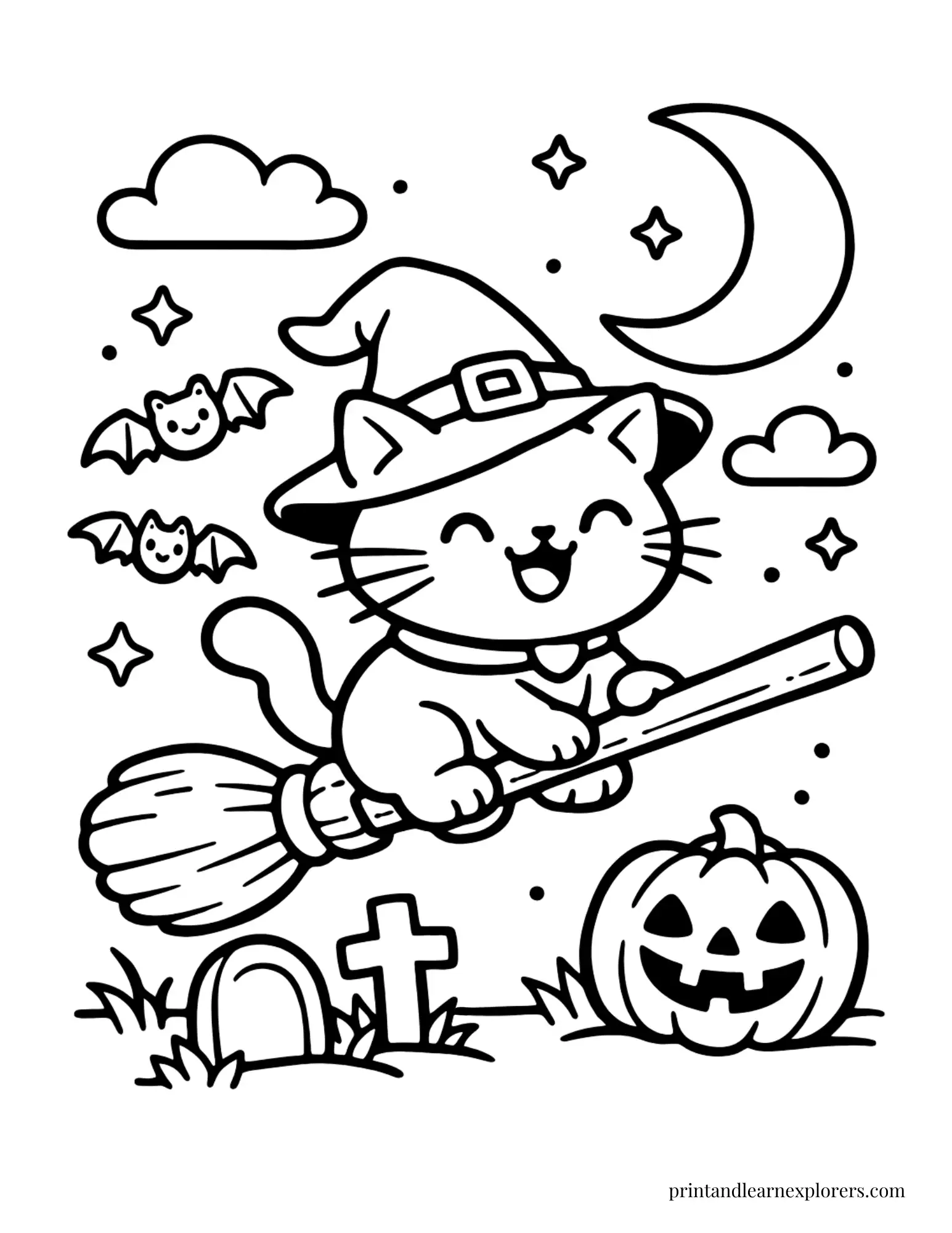 witch cat on broomstick under crescent moon coloring page