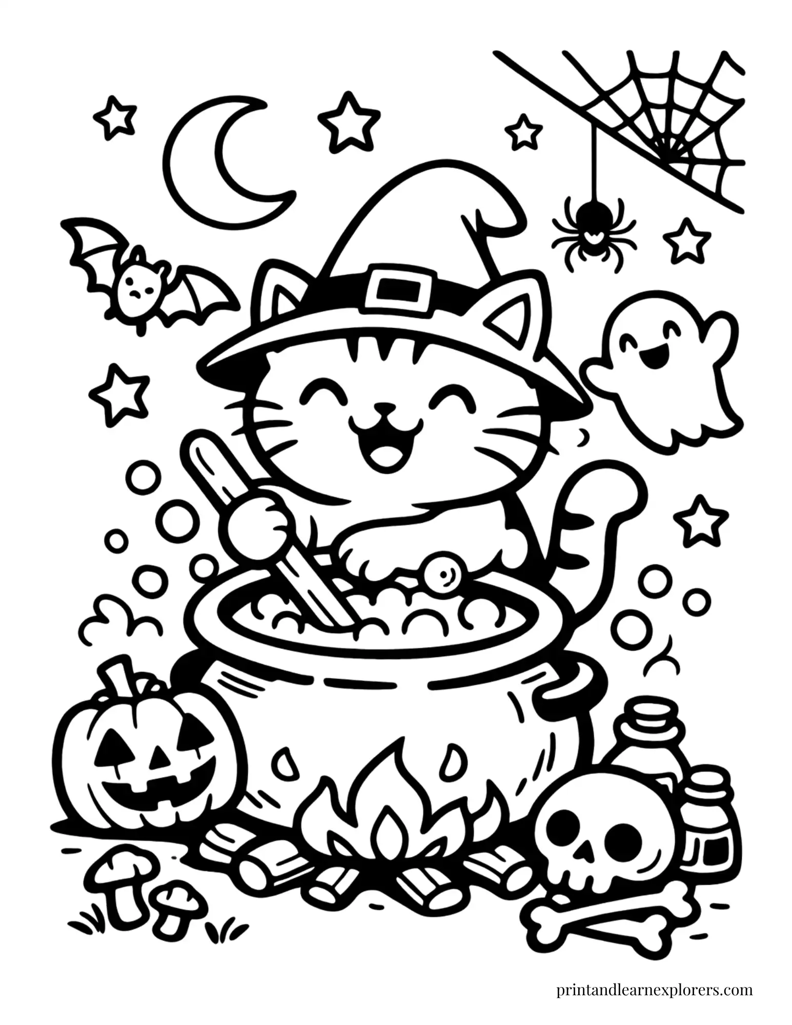 witch cat stirring cauldron coloring page