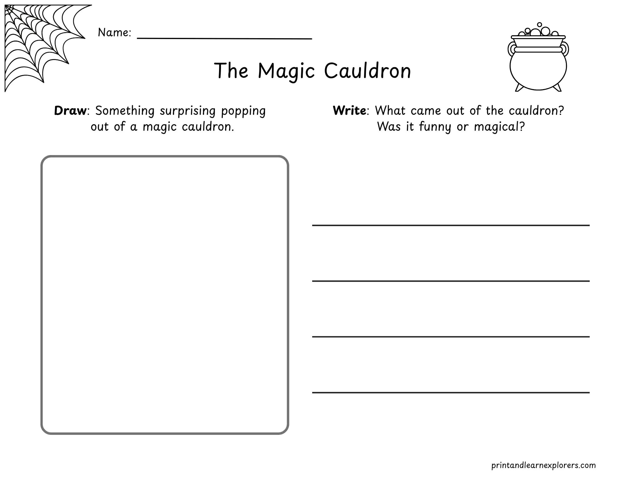draw and write halloween magic cauldron worksheet