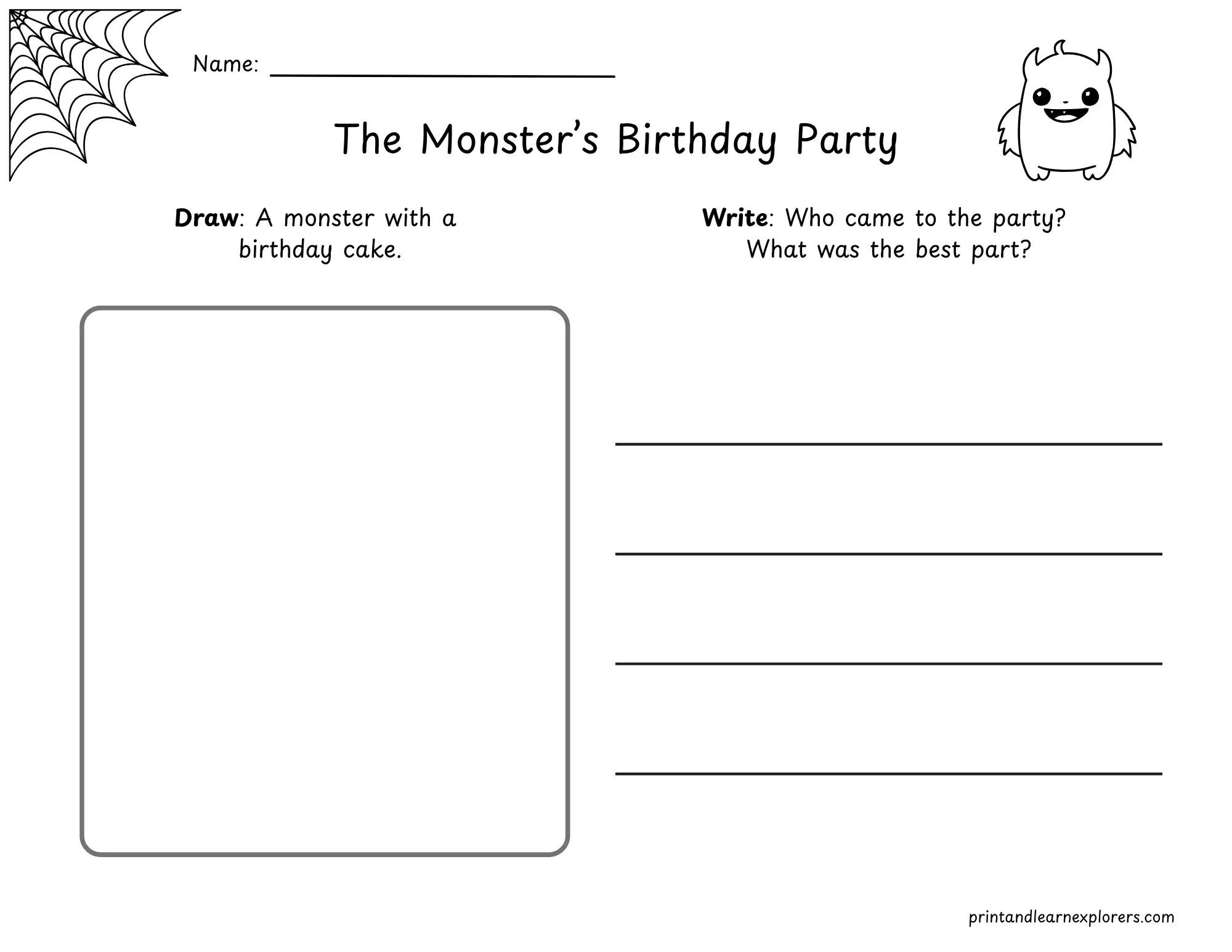 draw and write halloween monster birthday worksheet
