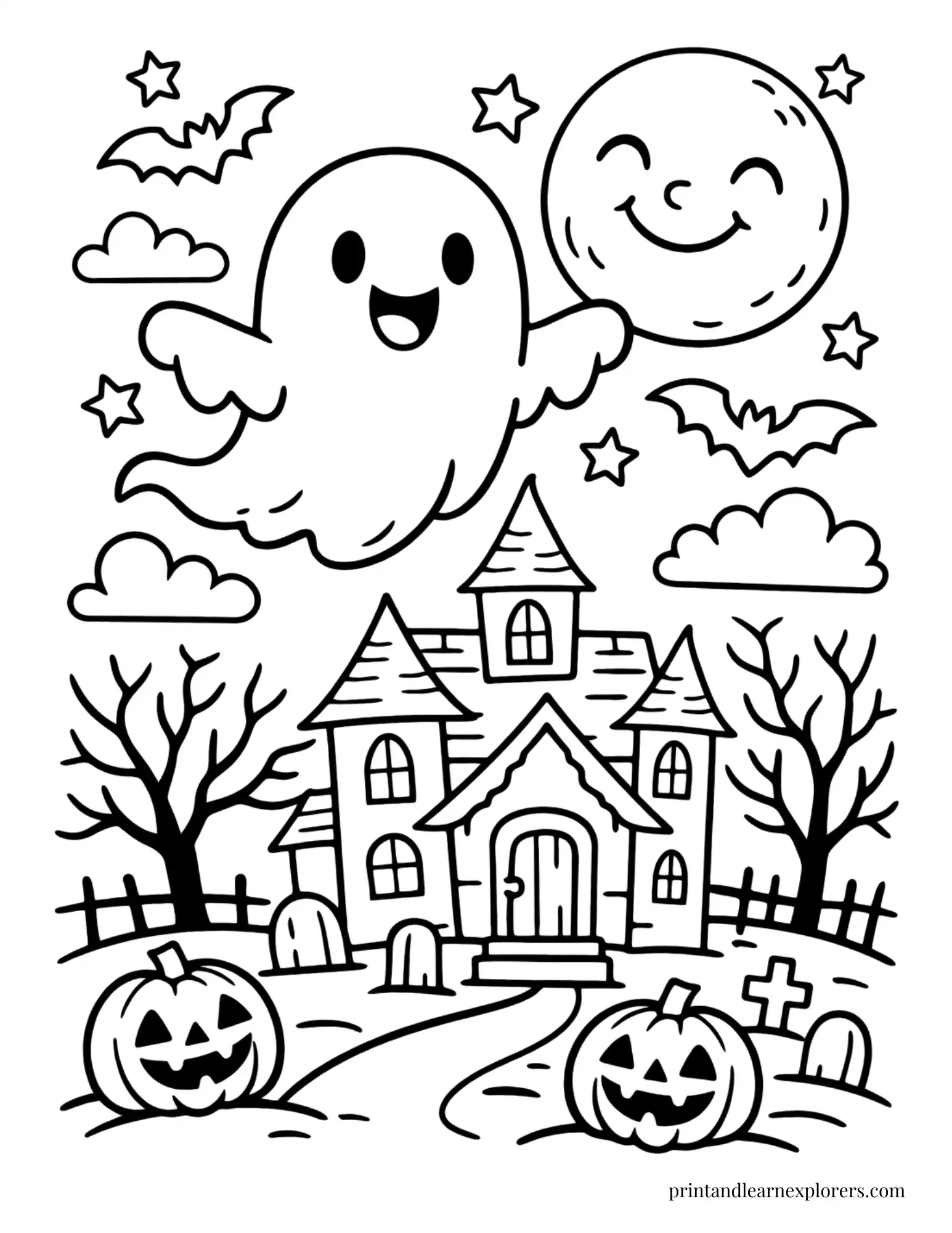 ghost above haunted house coloring page