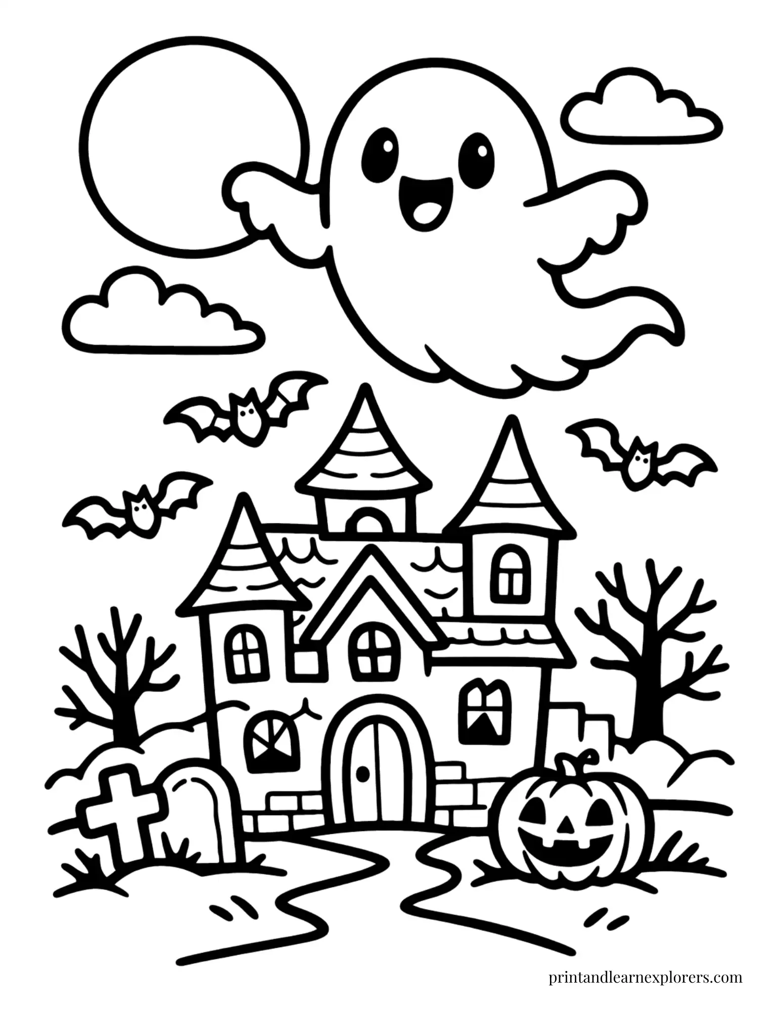 ghost above haunted house moon coloring page