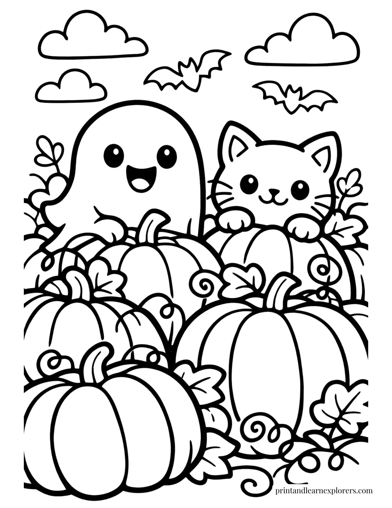 ghost and cat behind pumpkin patch coloring page