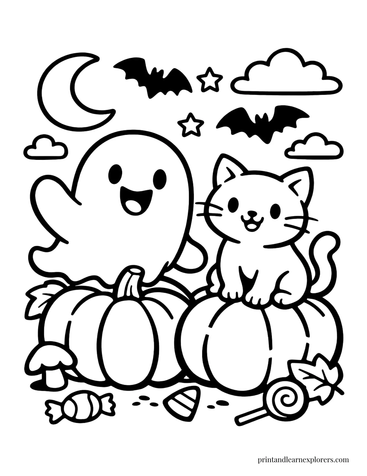 ghost and cat on pumpkins coloring page