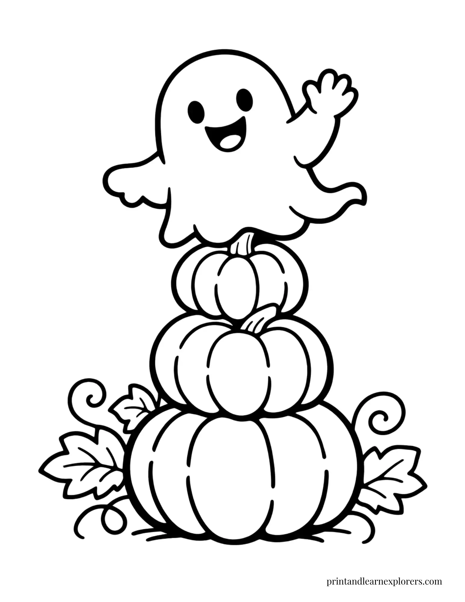 ghost balancing on pumpkin stack coloring page