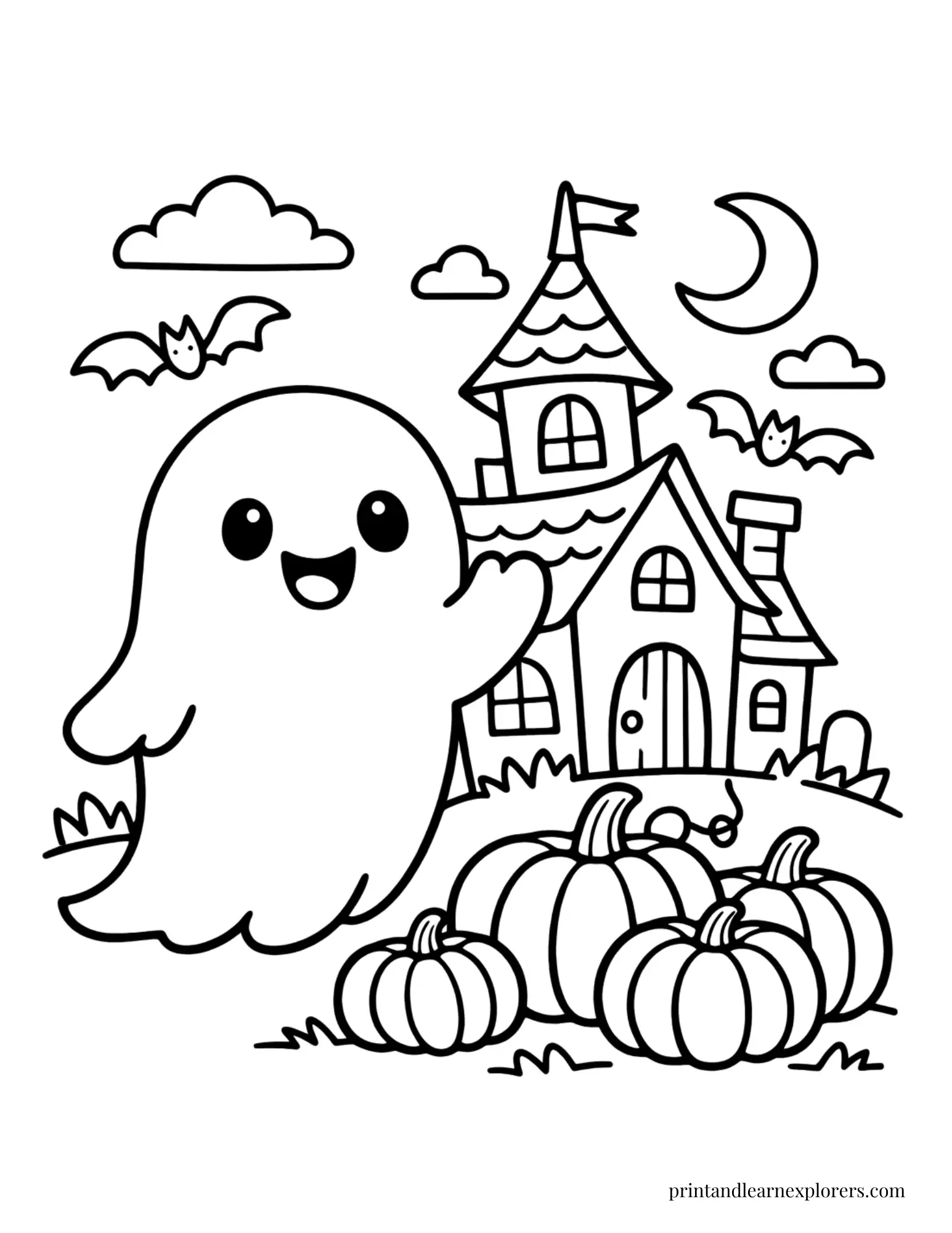 ghost beside haunted house coloring page
