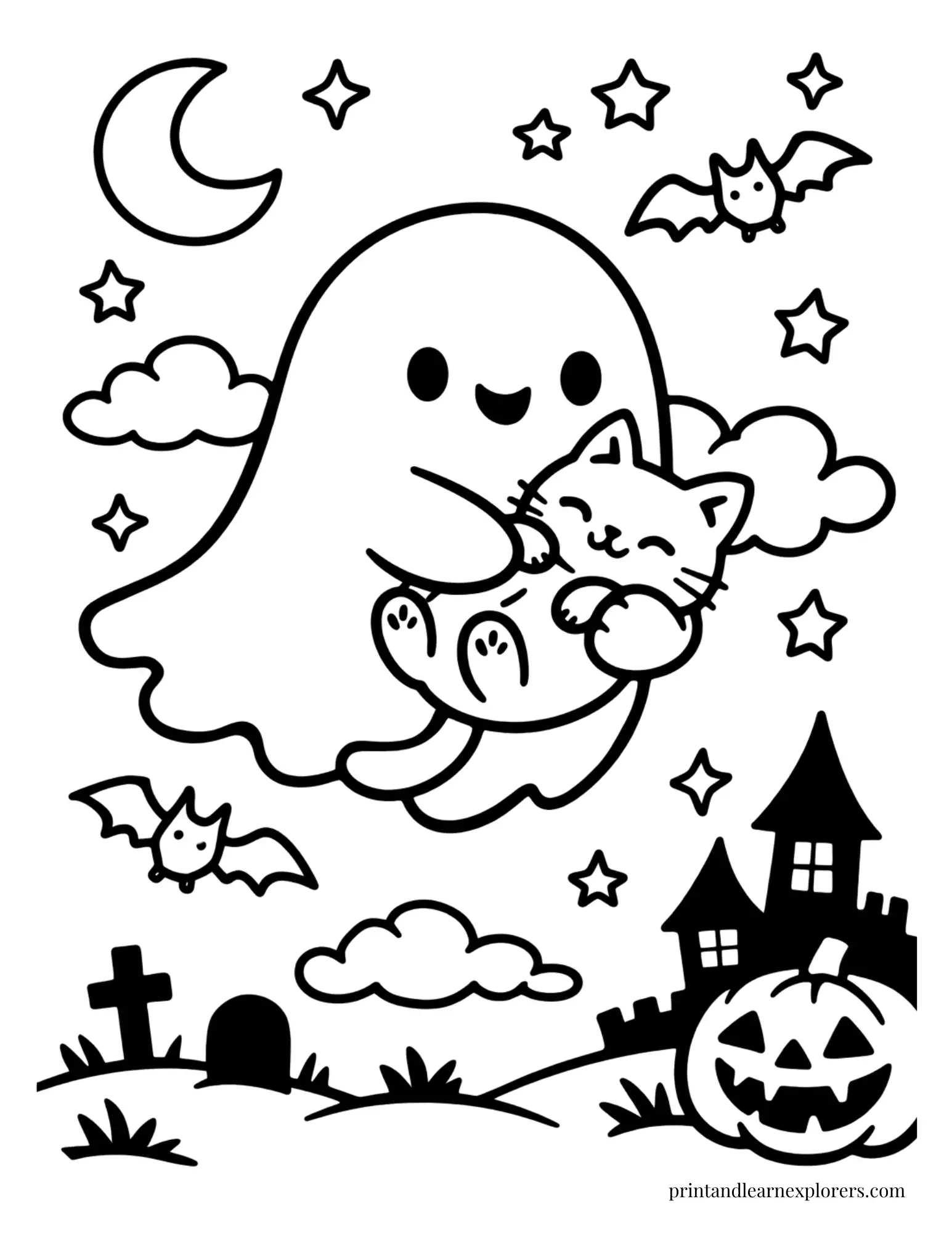 ghost carrying cat coloring page