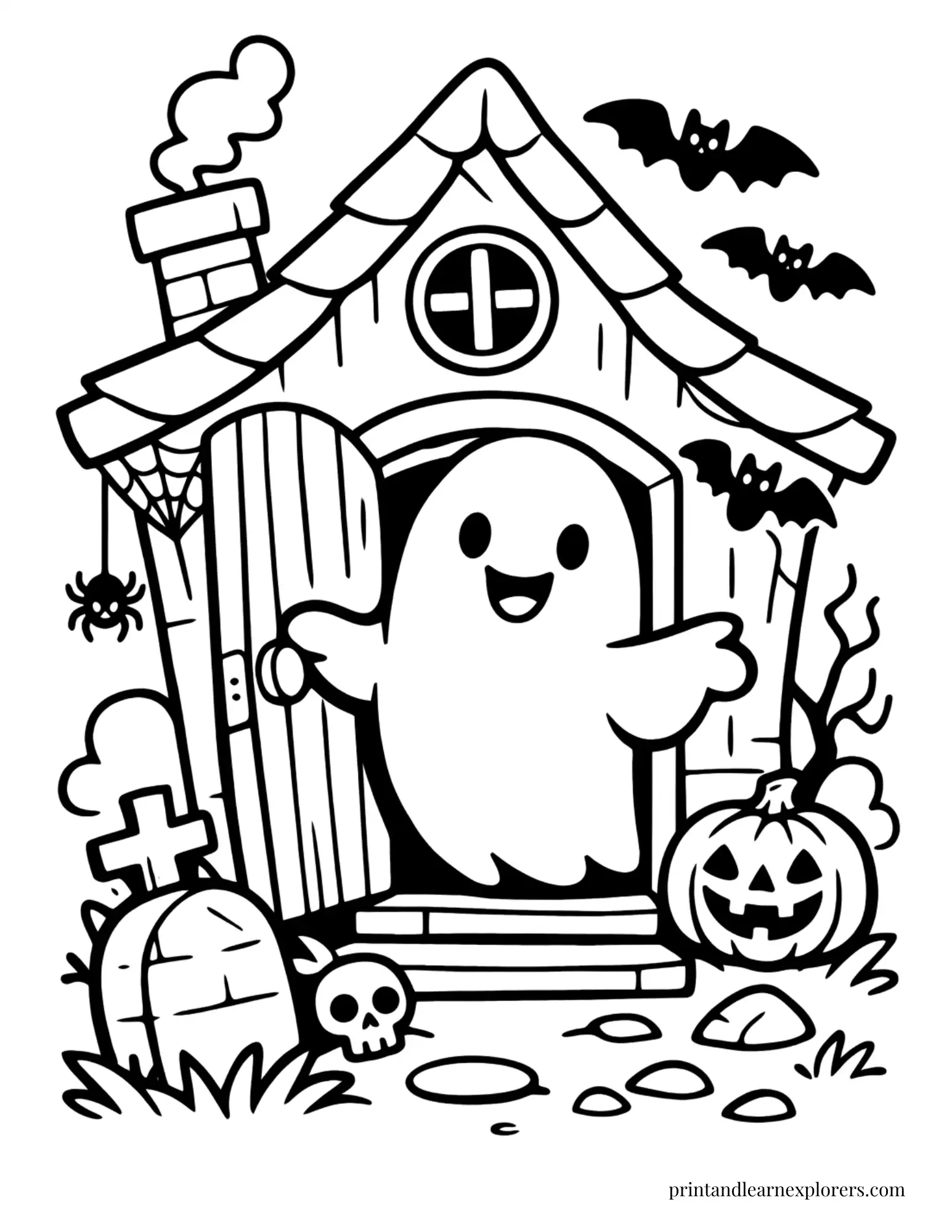 ghost opening haunted cottage door coloring page