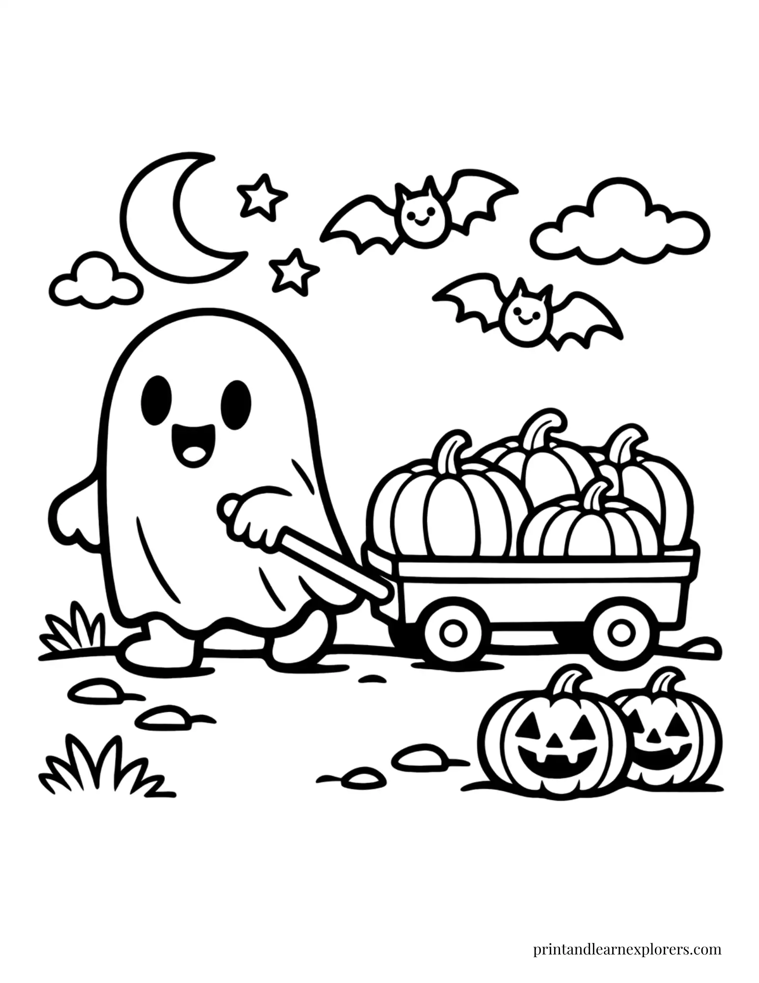 ghost pulling pumpkin wagon coloring page